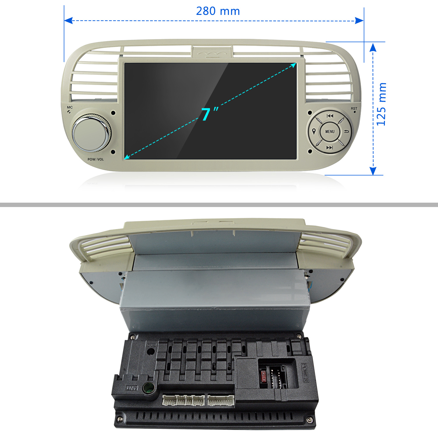 Ein Autonadio mit einem 7-Zoll-Bildschirm, Tasten und Vents, front- und rückseitig dargestellt.