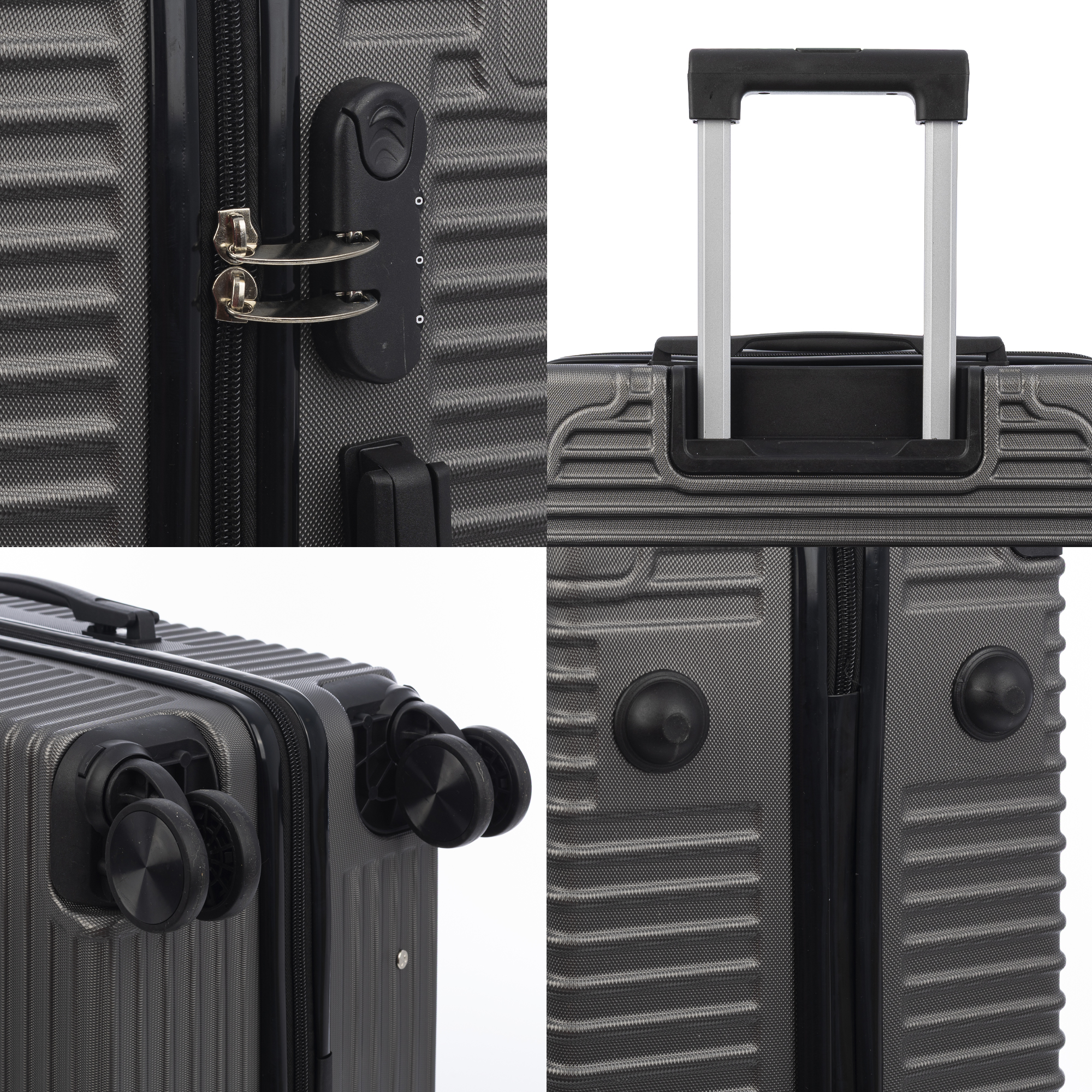 Cuatro tomas de detalle de una maleta rígida gris muestran cerradura, asa, ruedas y patas.