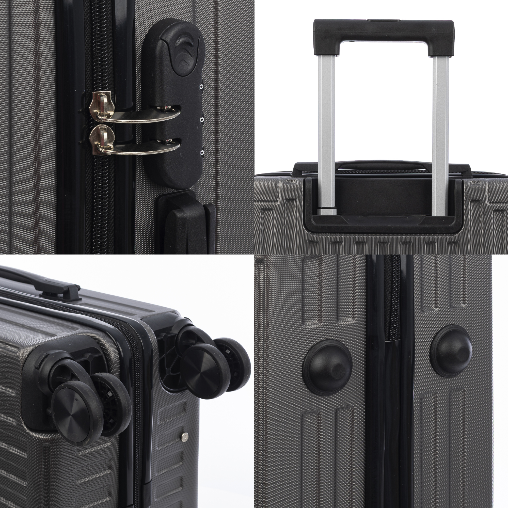 Detalles de una maleta gris de carcasa rígida que muestra su cerradura, asa extensible, ruedas y patas.