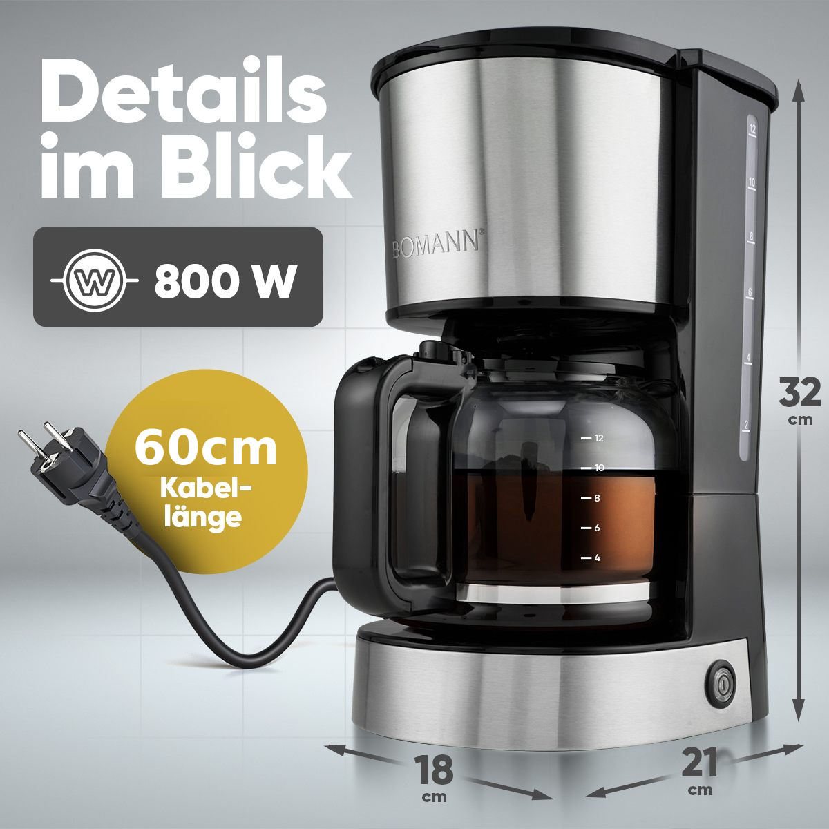 Edelstahl-Kaffeemaschine von Bomann mit Glaskanne, 800 W Leistung und Maßangaben auf dem Hintergrund.