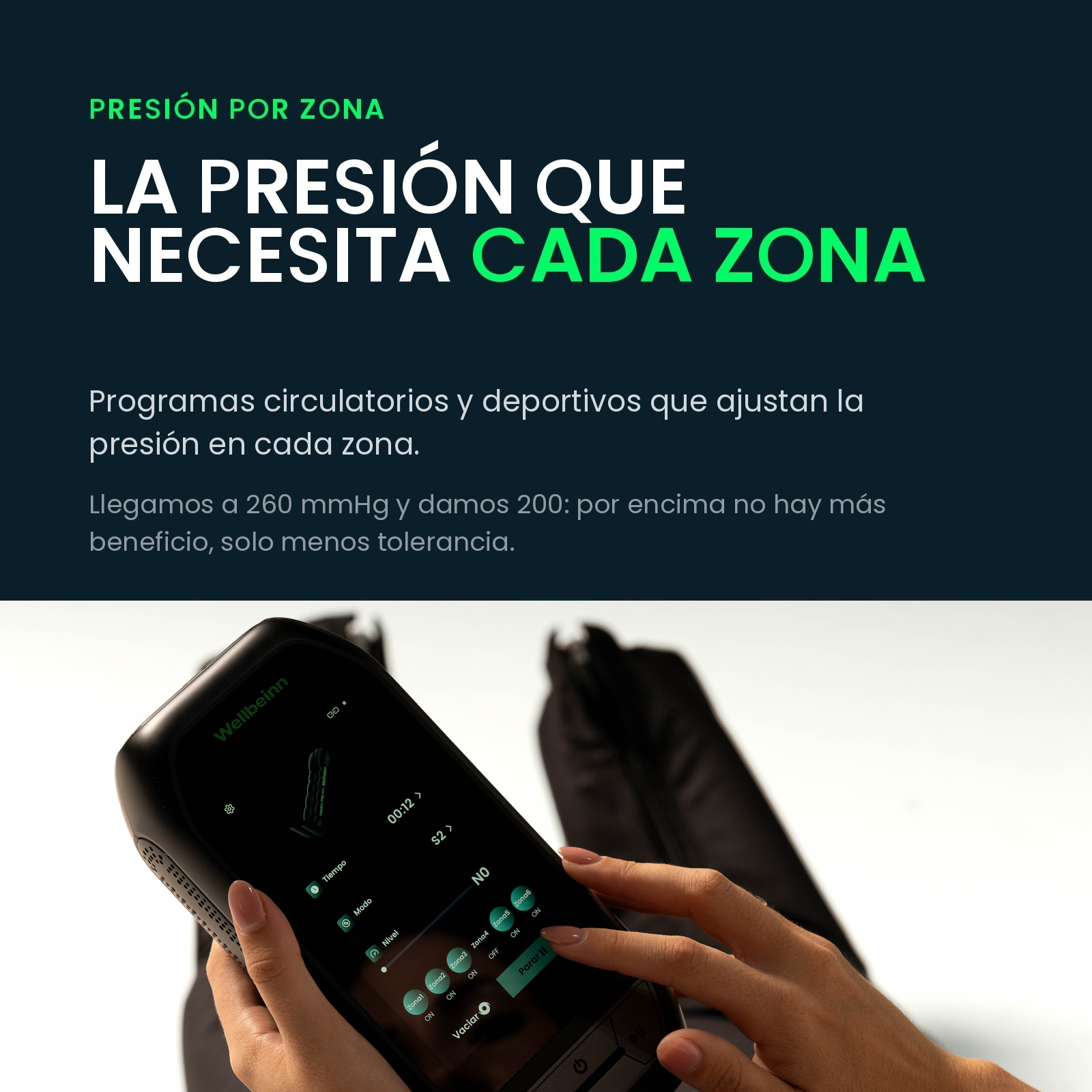 Dispositivo portátil con pantalla táctil que muestra la configuración de presión; texto en español arriba.