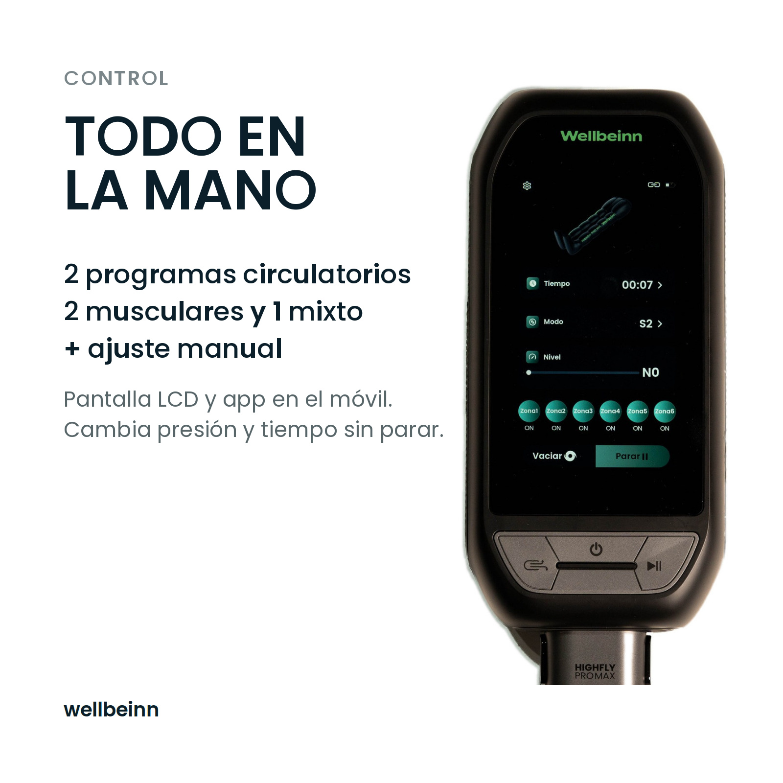 Dispositivo de control Wellbeinn negro con pantalla táctil LCD que muestra ajustes y texto promocional.
