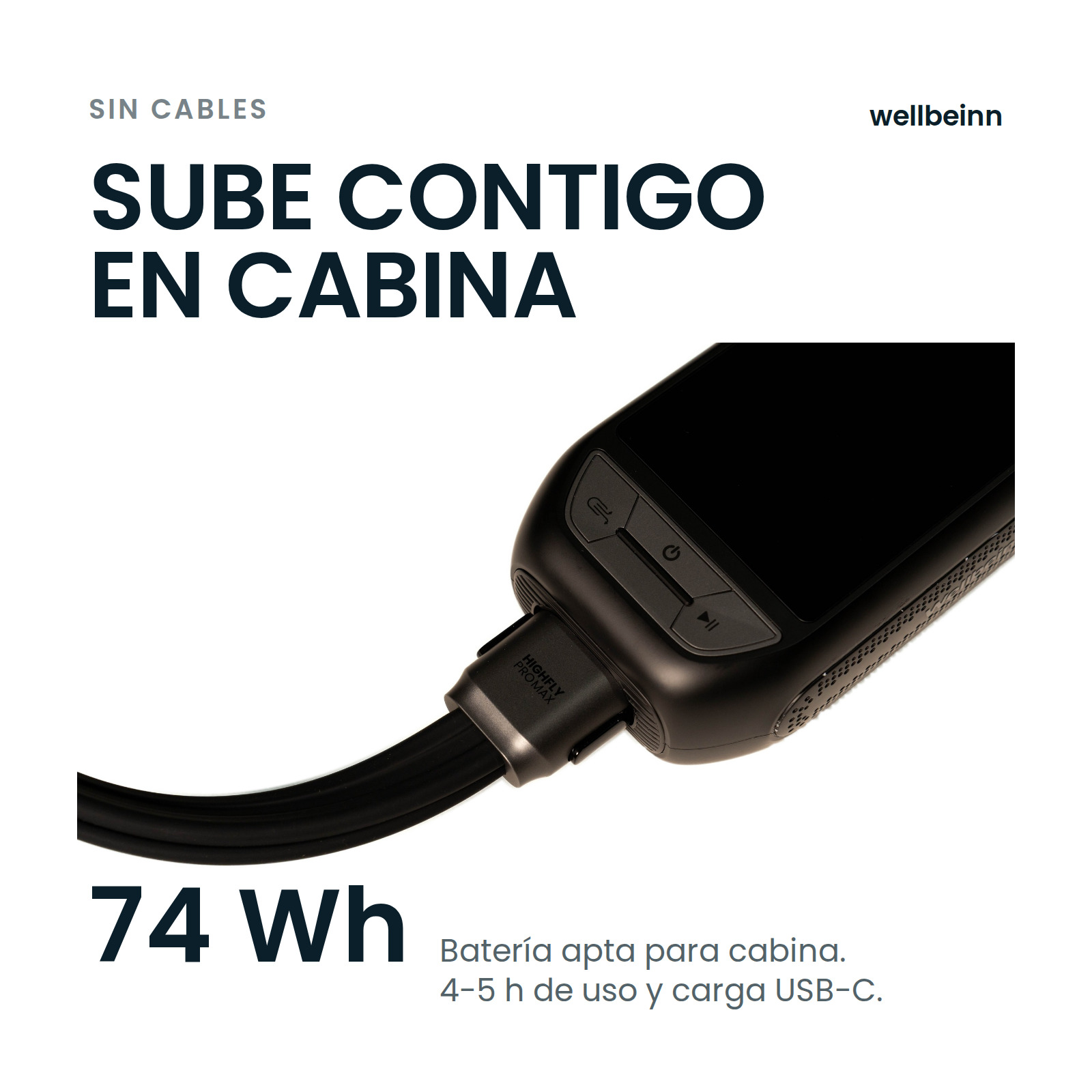 Dispositivo electrónico negro conectado con cable USB-C y texto en español.
