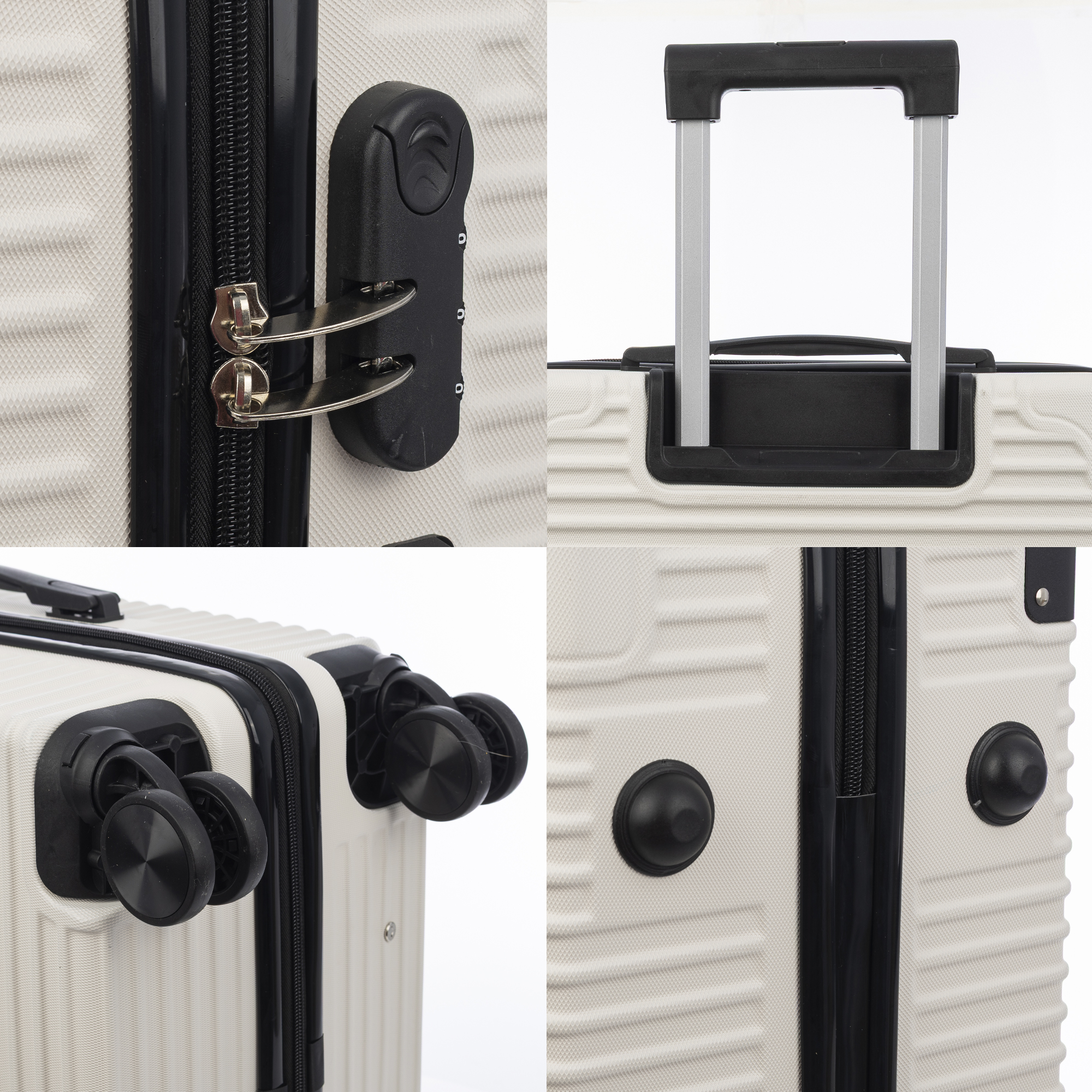 Imagen de cuatro partes de una maleta blanca con cerradura de combinación, asa extensible, ruedas y topes.