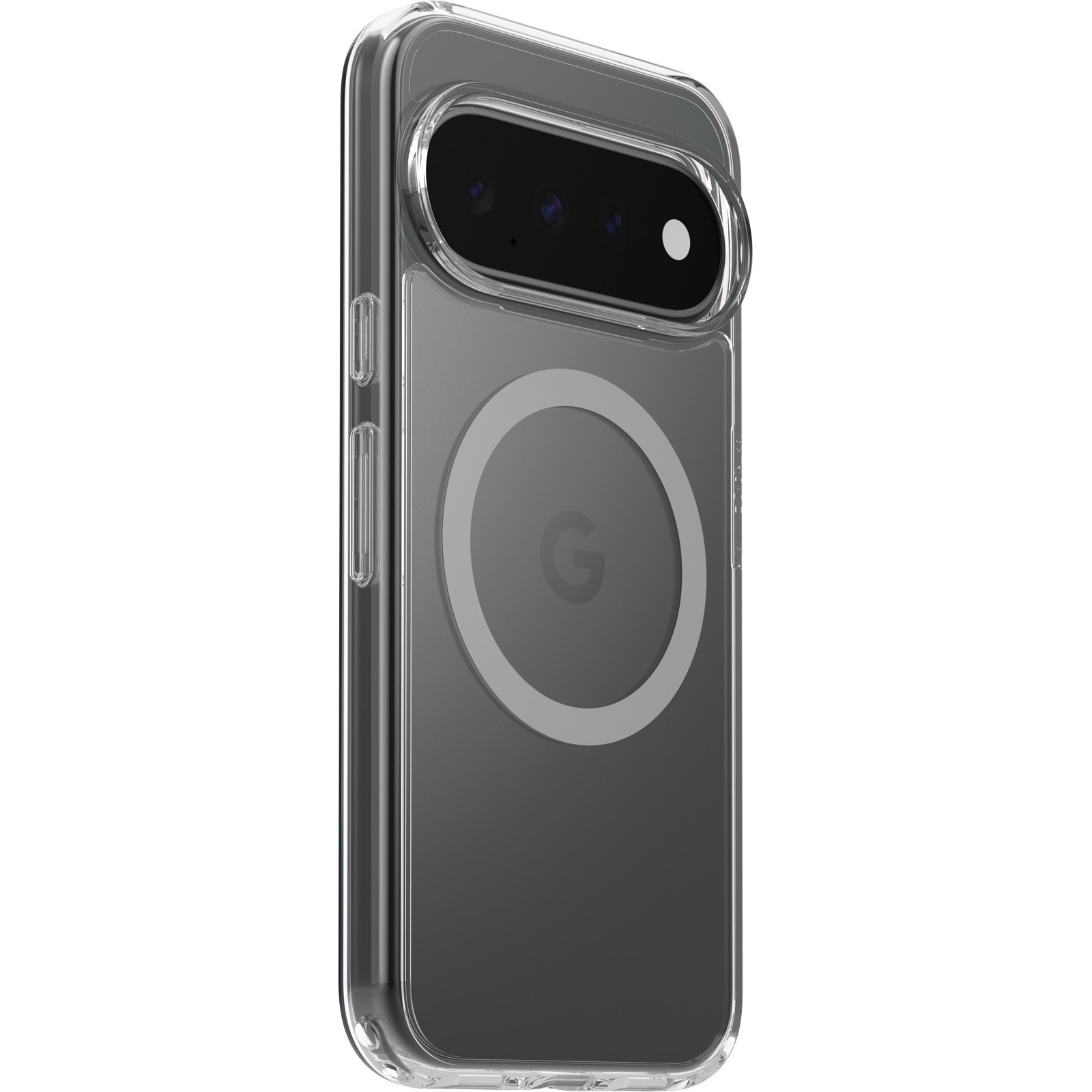 Funda de teléfono transparente con anillo MagSafe integrado y recorte para la cámara en la parte trasera.