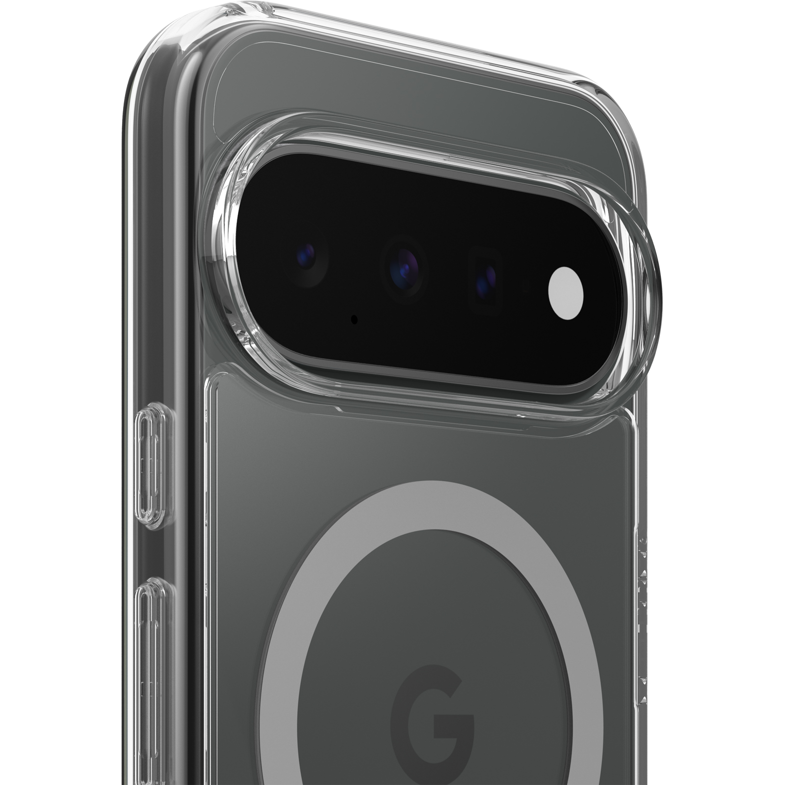 Parte trasera de un smartphone en funda protectora transparente con gráfico de anillo magnético y módulo de cámara.