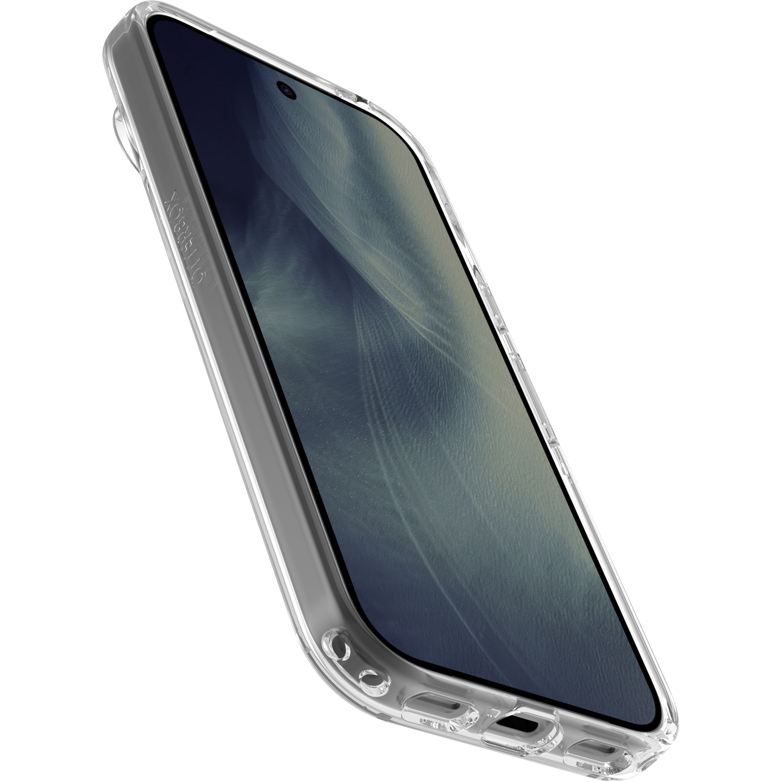 Un smartphone negro en una funda protectora transparente se encuentra en un ligero ángulo sobre fondo blanco.