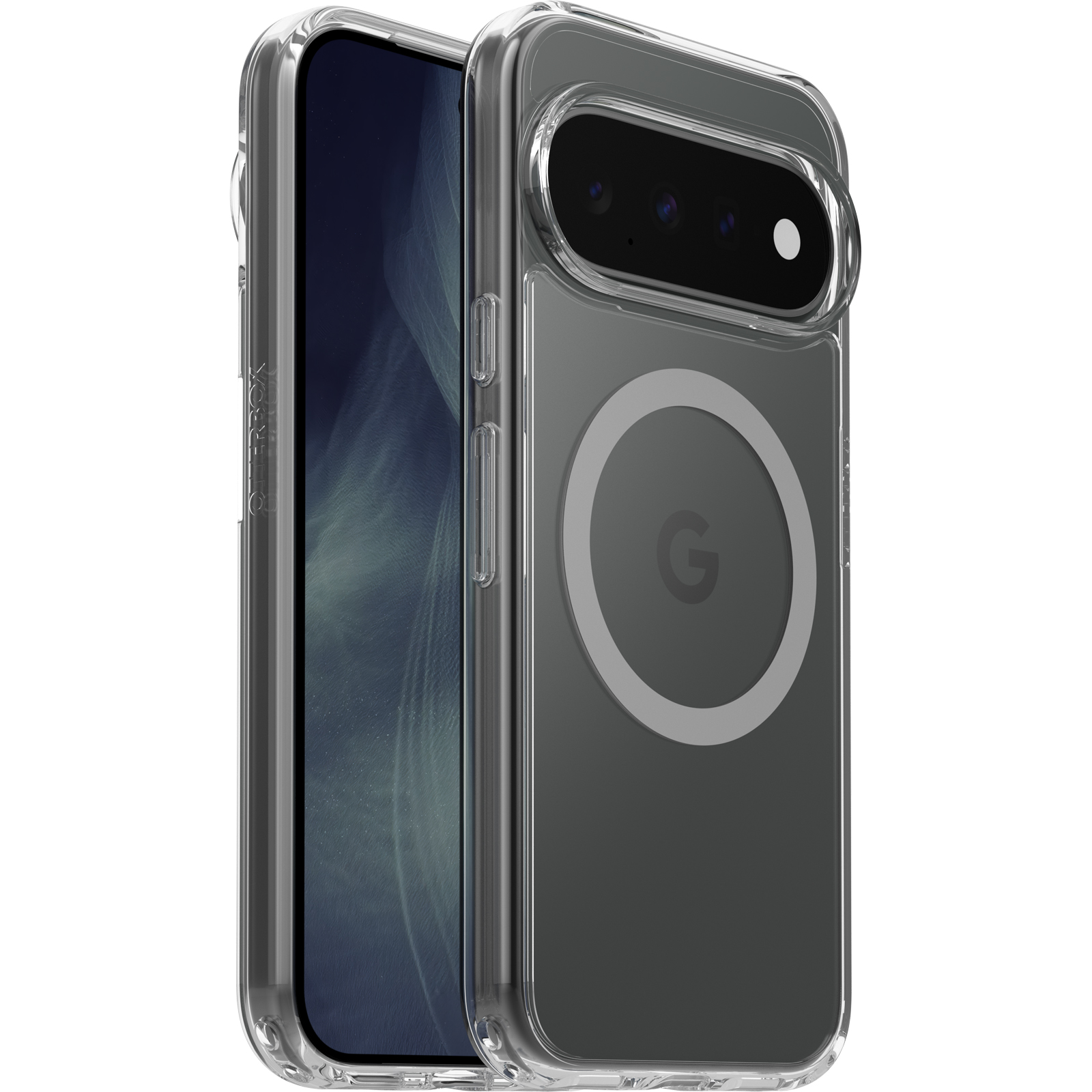 Una funda protectora transparente en un smartphone con anillo magnético y cámara.