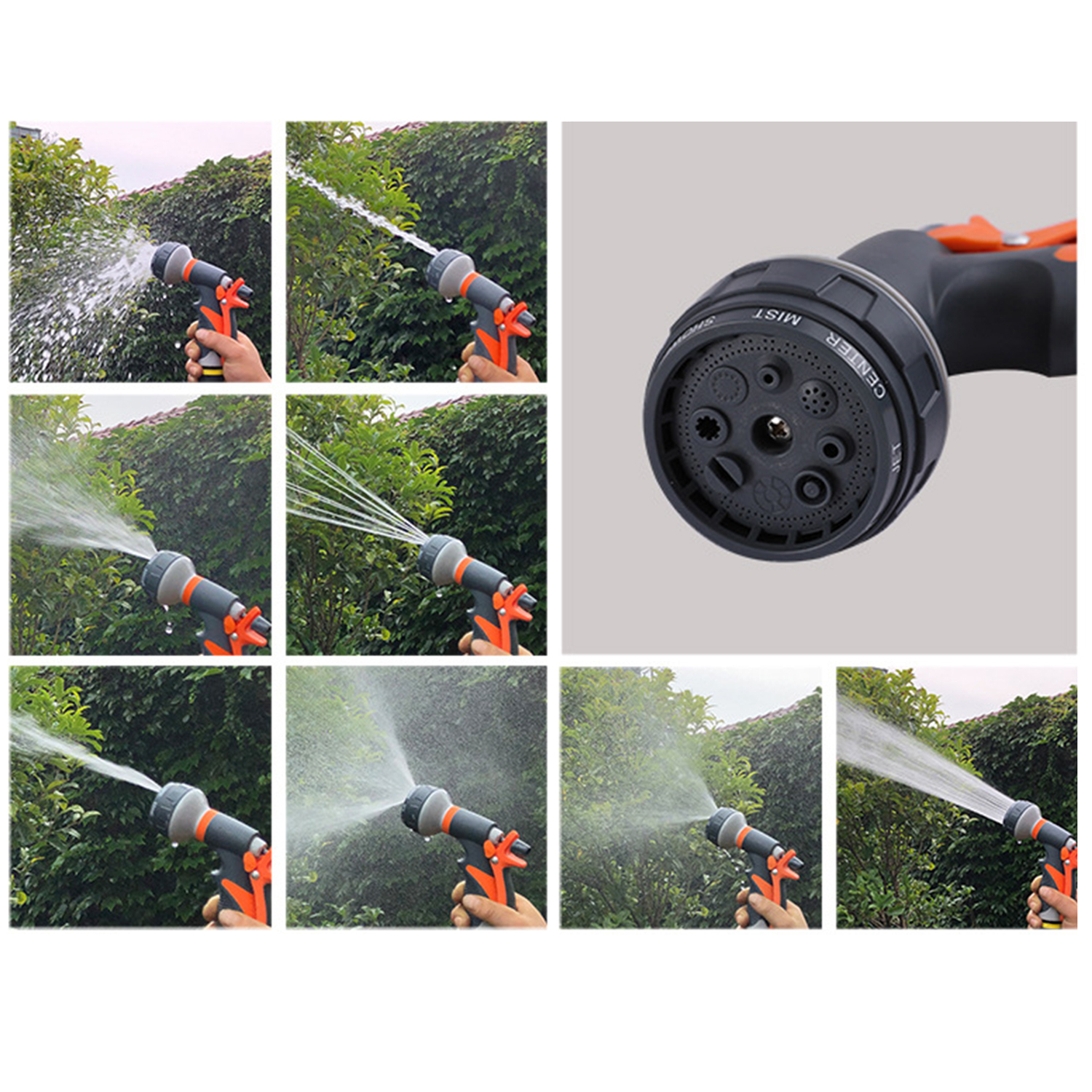 Un collage que muestra una boquilla de manguera de jardín ajustable rociando agua.
