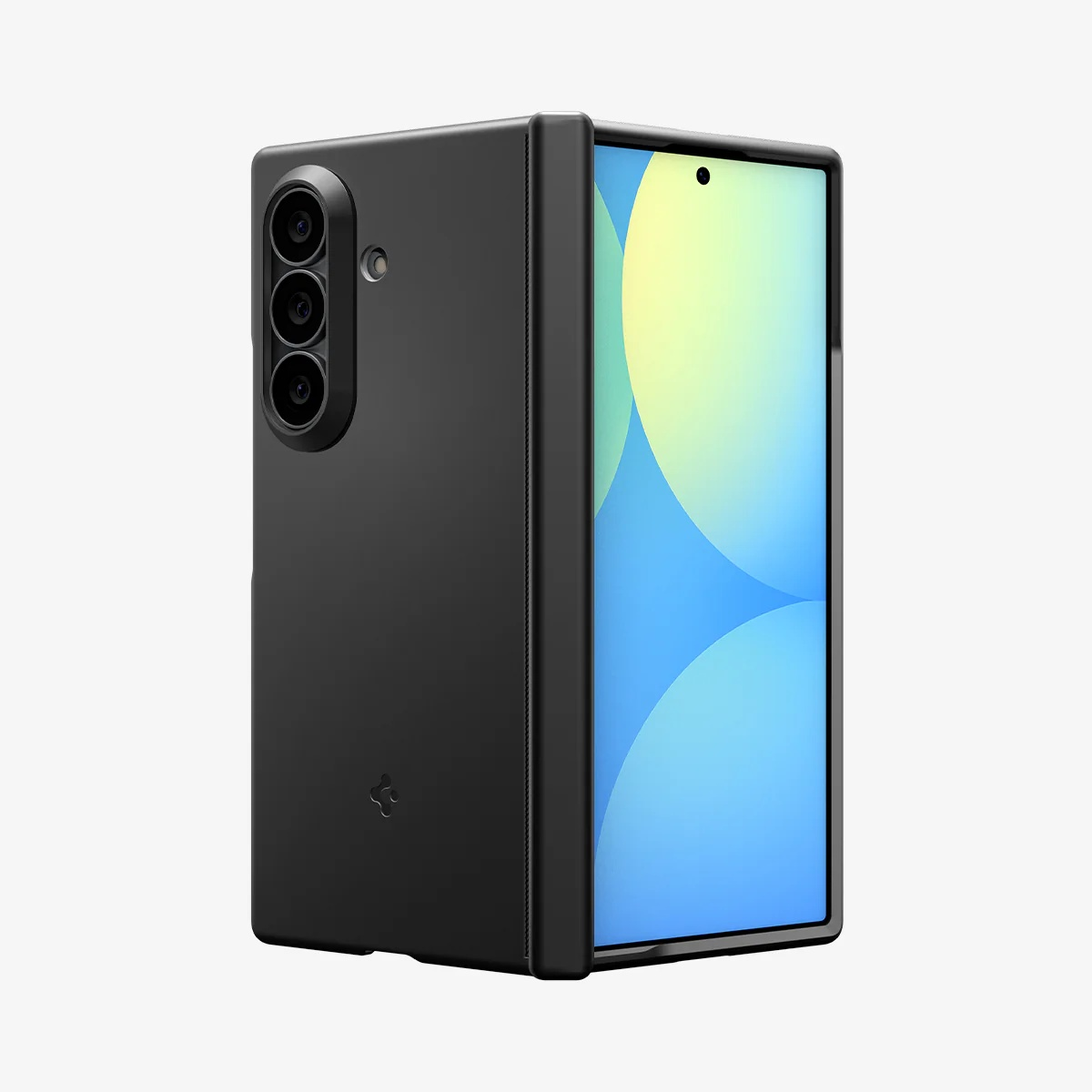 Een zwarte opvouwbare smartphone in een beschermhoes, met het voorscherm en de drijvende achtercamera.