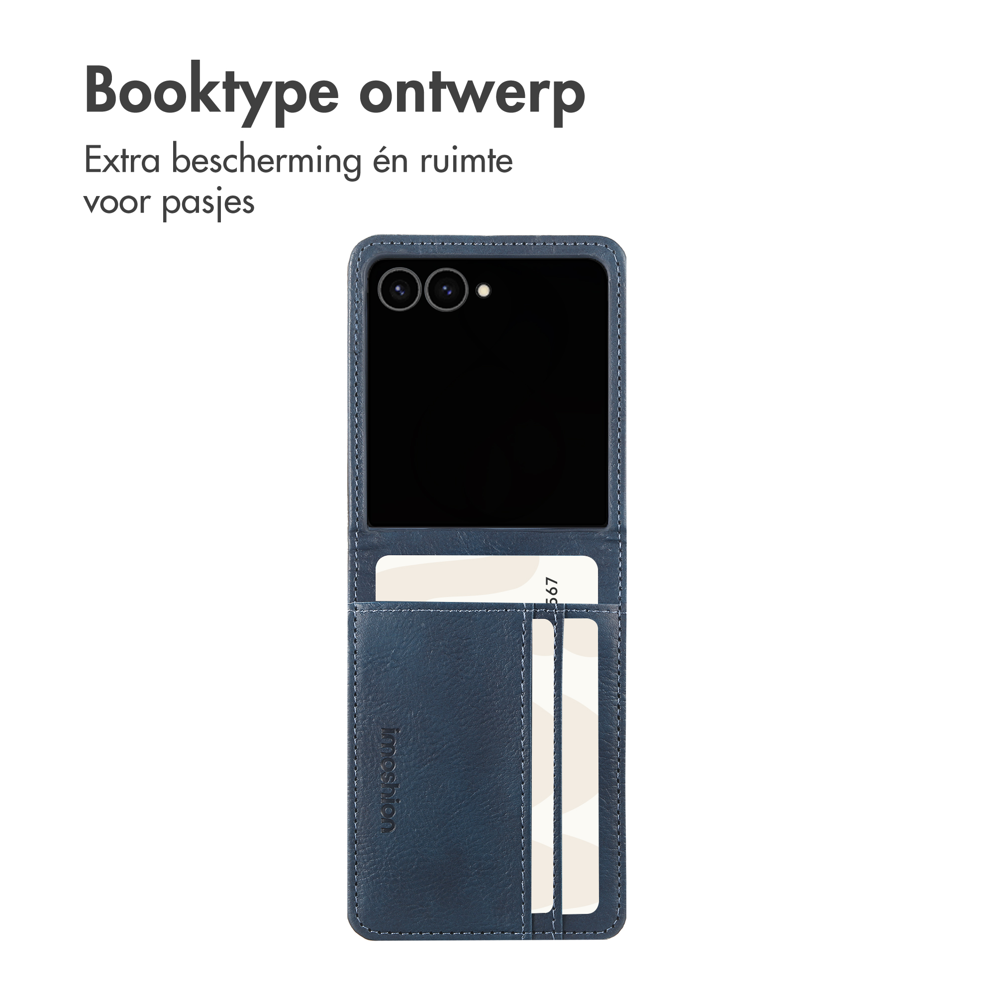 Blauwe leren booktype telefoonhoes met pasjessougle en flab, getoond met Nederlandse tekst.