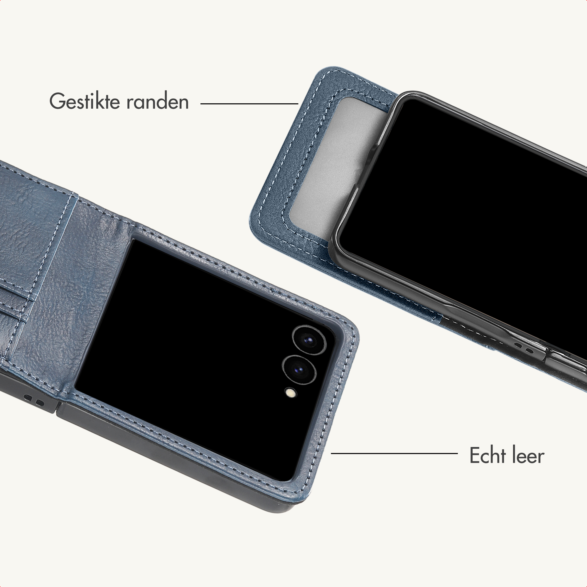 Twee blauwe lederen telefoonhoesjes met een smartphone, witte achtergrond.