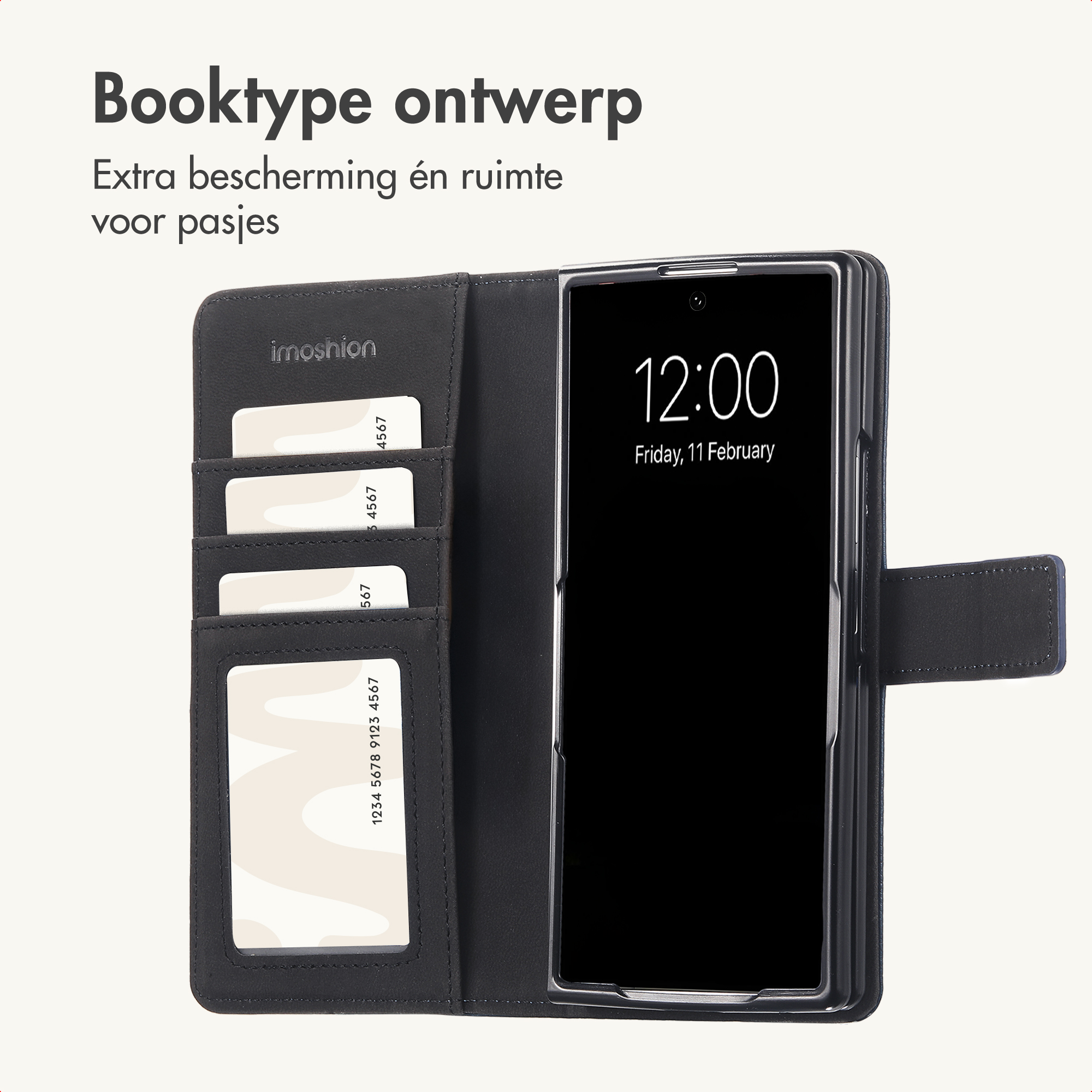 Zwarte booktype telefoonhoes met pasjeshouder en ingebouwde telefoonhouder, met Nederlandse tekst.