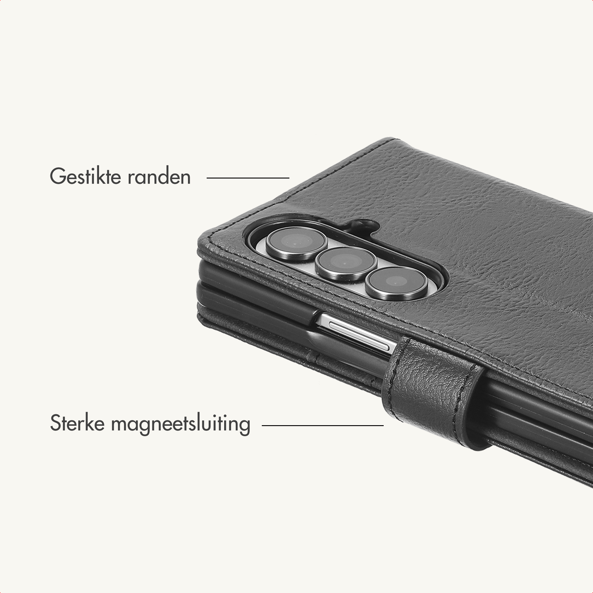 Zwarte leren telefoonhoes met gestikte randen en sterke magneetsluiting.