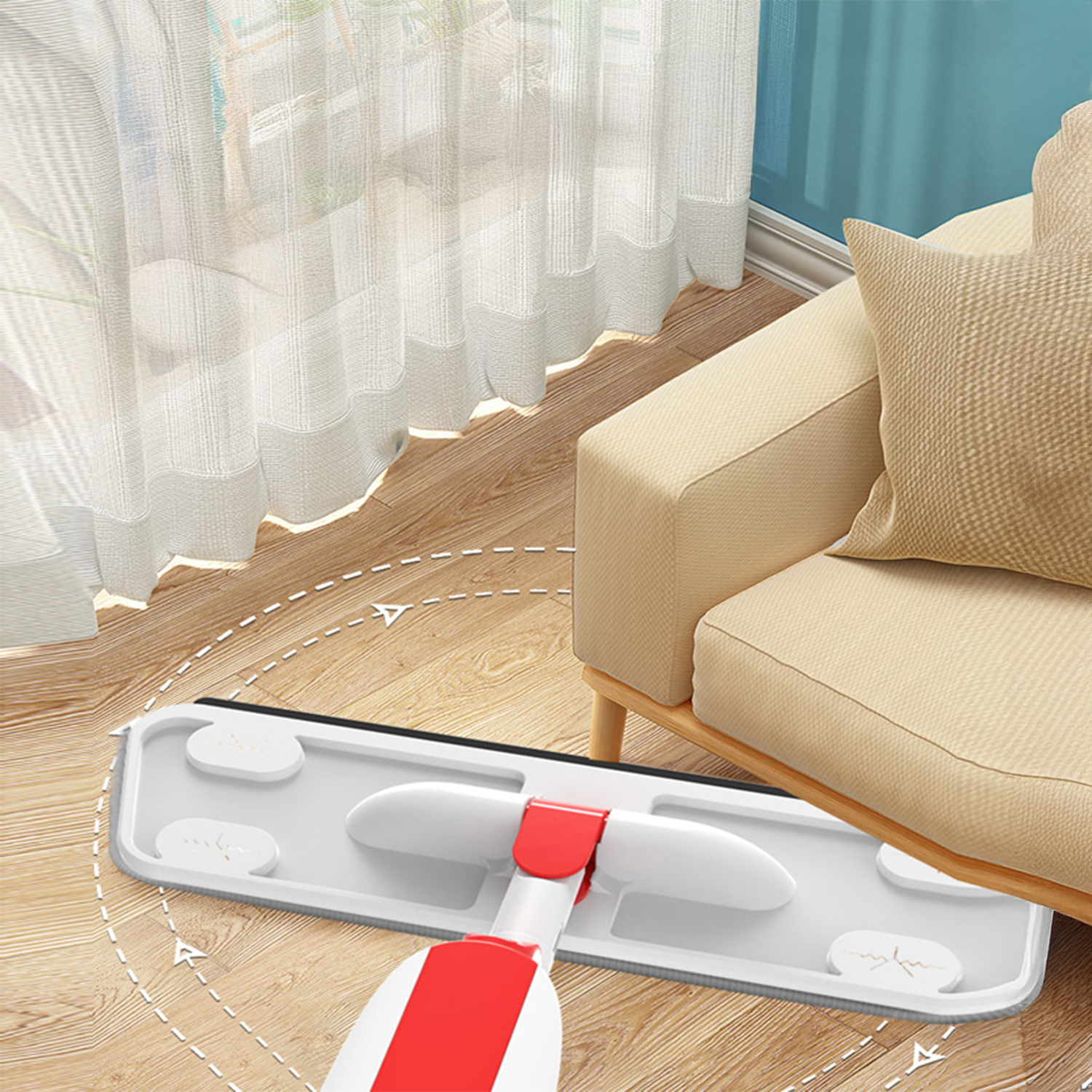 Una mopa blanca y roja limpia suelos de madera junto a un sofá en una habitación.