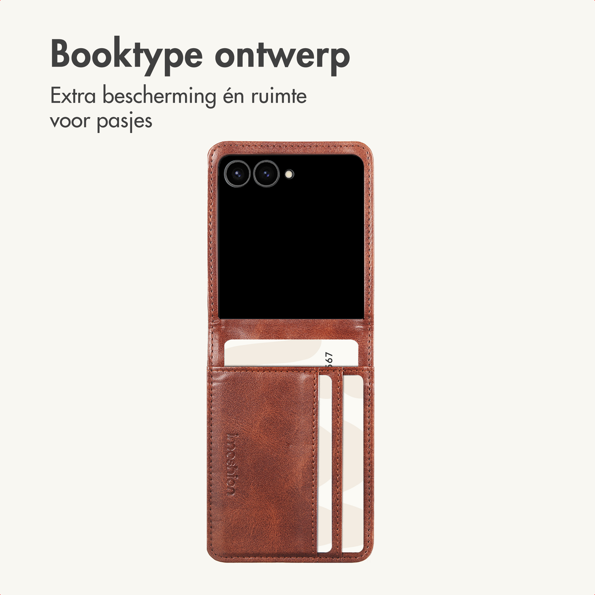Bruine leren booktype telefoonhoes met pashouders en smartphone.