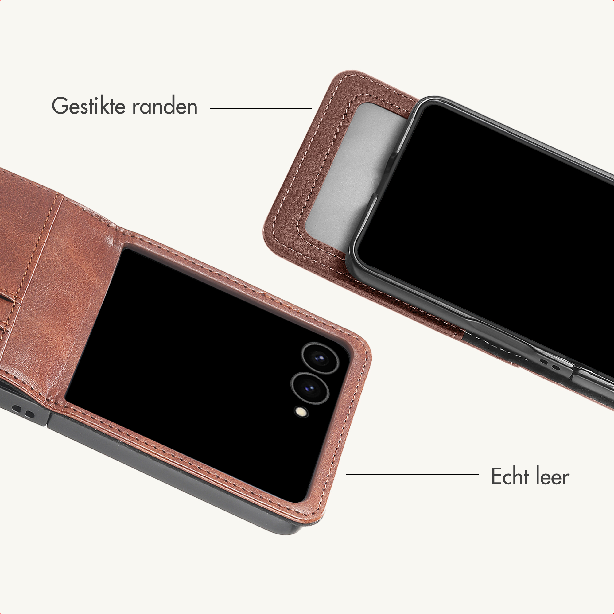 Bruine echt lederen telefoonhoes met gestikte randen en twee smartphones.