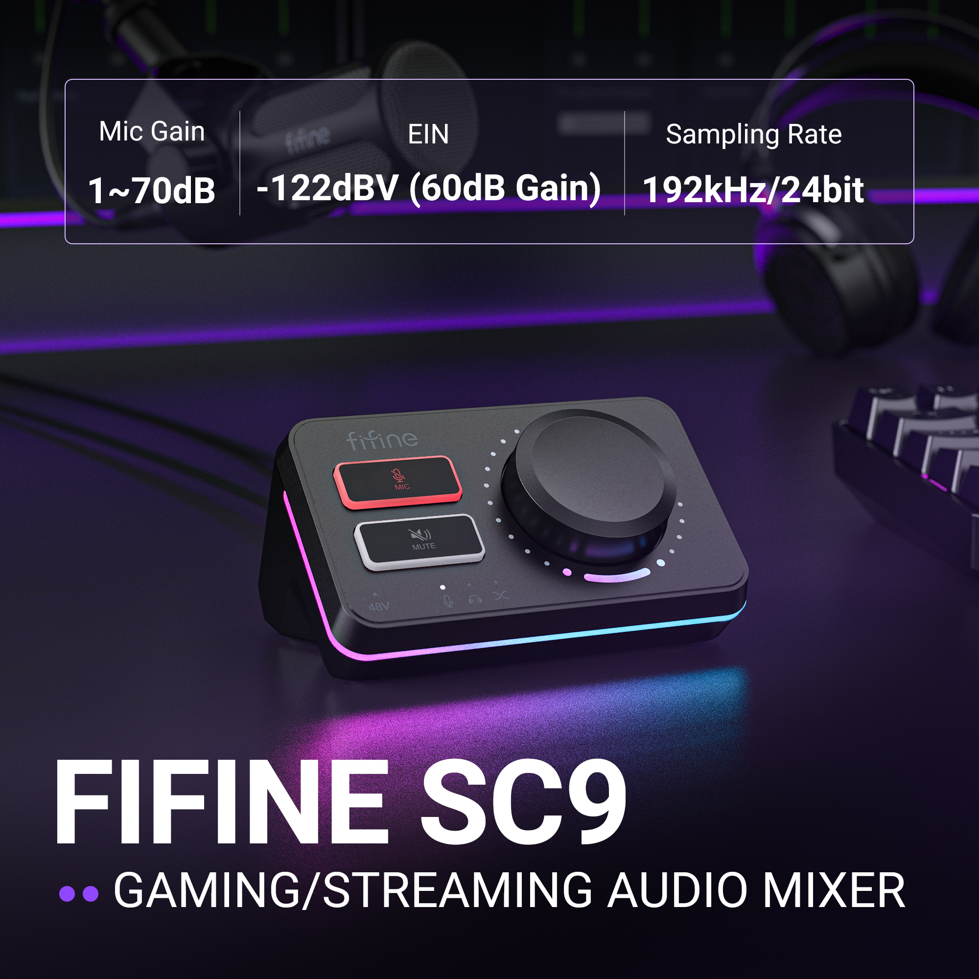 Mixeur audio gaming Fifine SC9 avec bouton, touches de sourdine et éclairage LED.