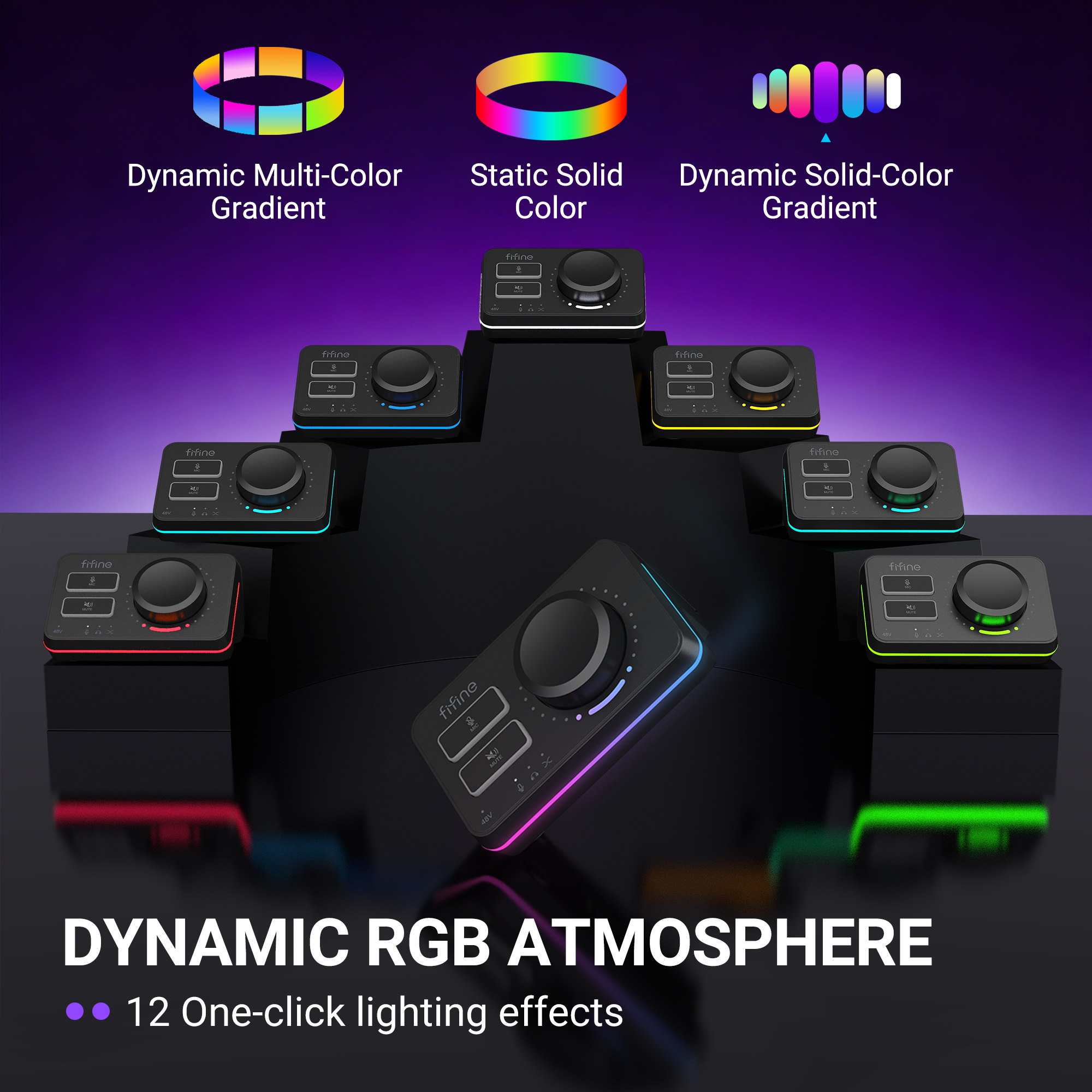 Divers appareils audio avec des effets d'éclairage RGB colorés et des étiquettes comme dégradé multicolore.