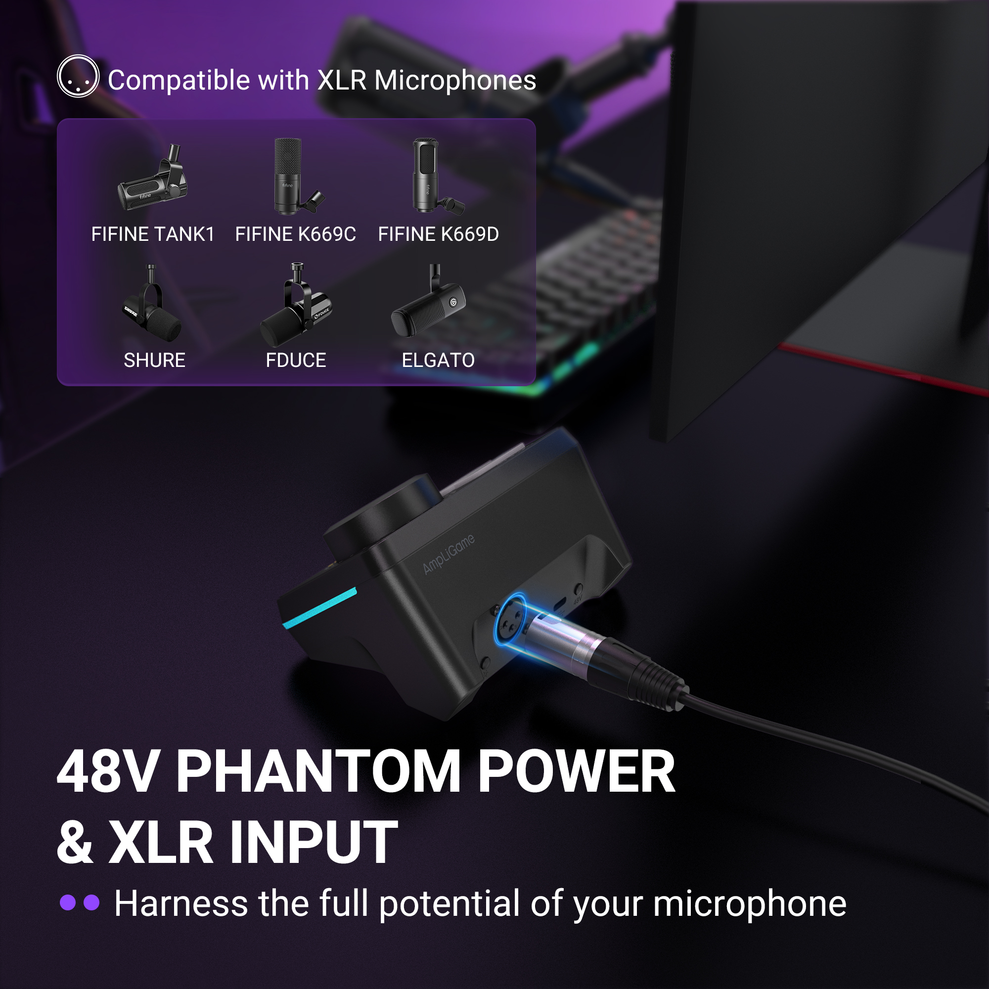 Un câble de microphone XLR est branché sur une interface audio AmpliGame dotée d'une alimentation fantôme 48V.