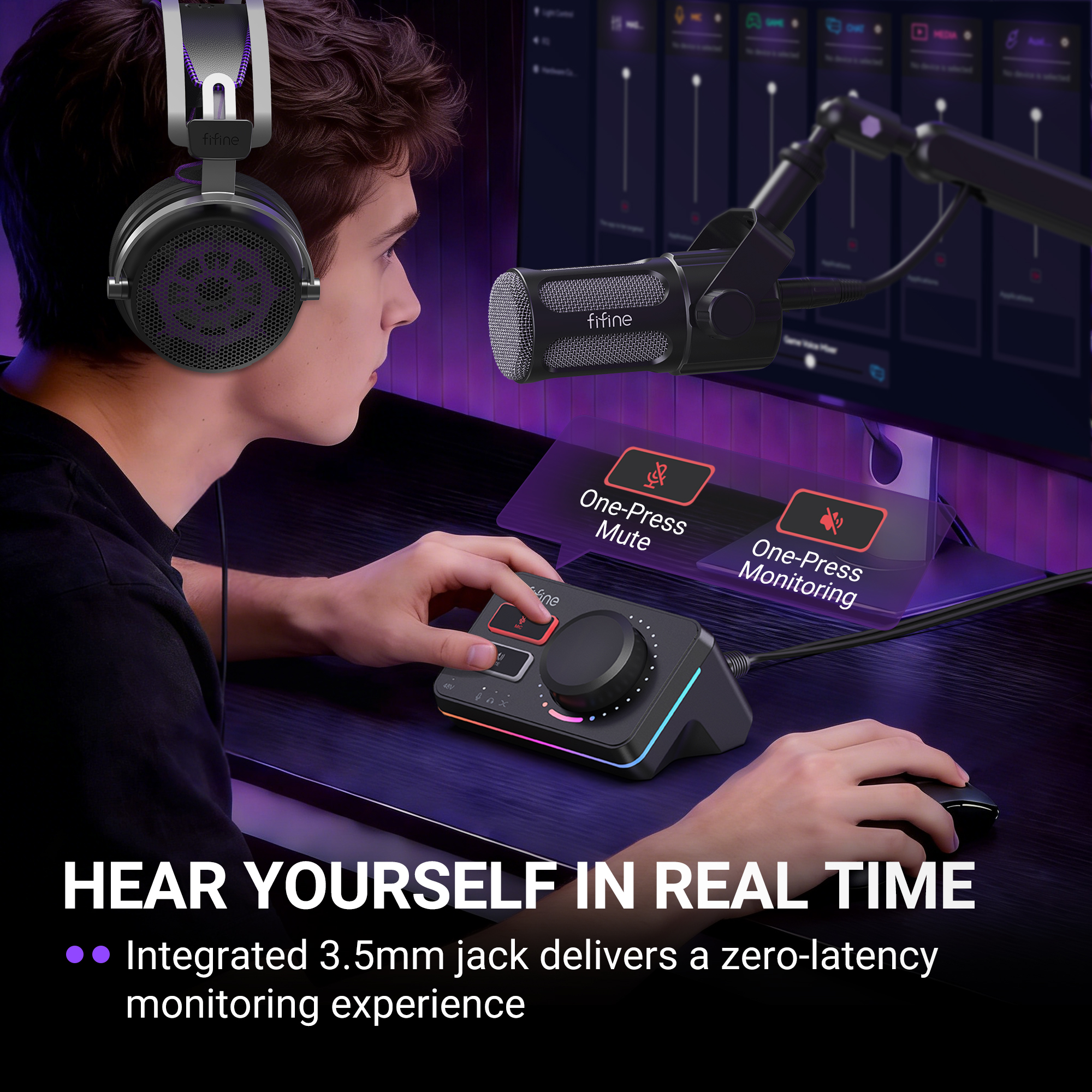 Un jeune joueur avec casque utilise un micro et une table de mixage Fifine sur un bureau lumineux.