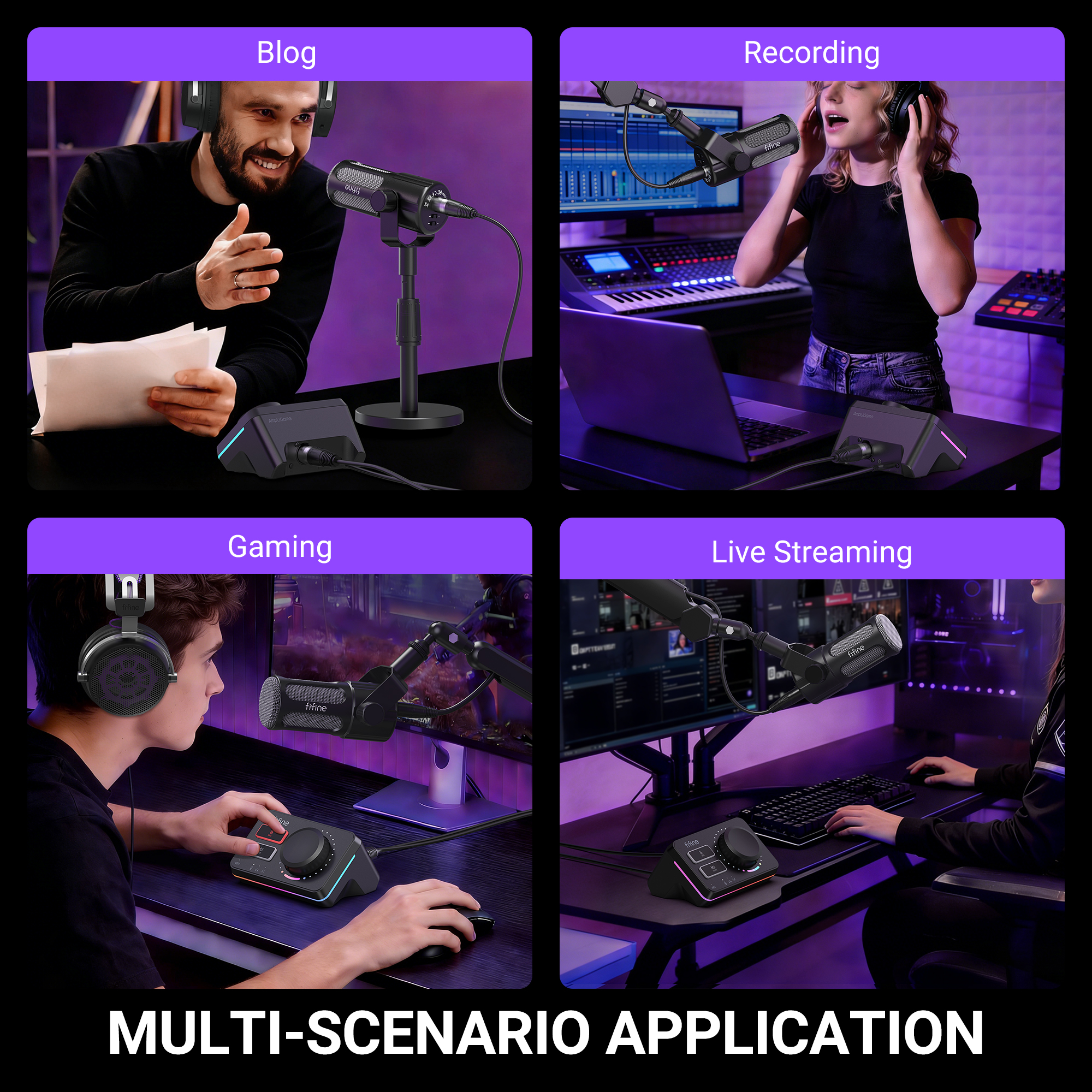 Quatre panneaux montrent des usages de microphones : Blog, Enregistrement, Jeux et Diffusion.