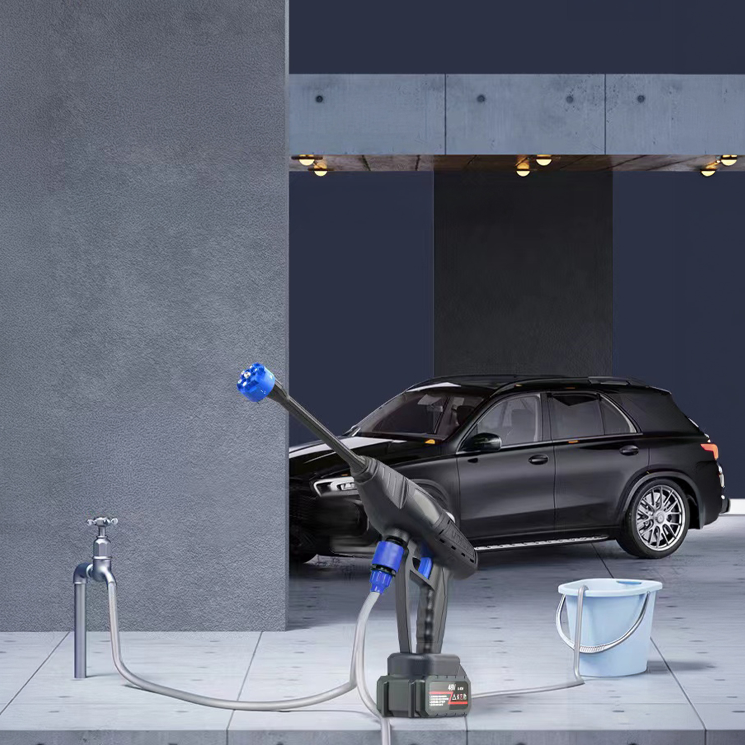 Hidrolimpiadora inalámbrica con manguera conectada al grifo y cubo, con coche negro al fondo.