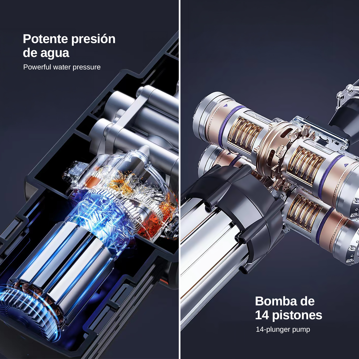 Sección transversal de una bomba con potente presión de agua y 14 pistones.
