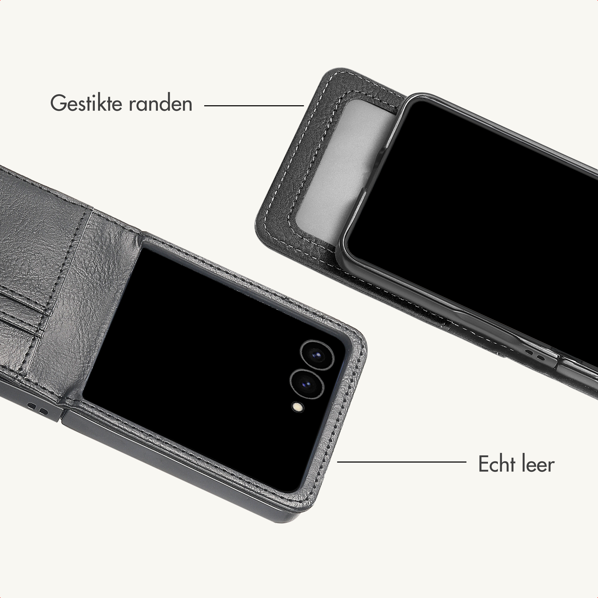 Twee zwarte lederen telefoonhoesjes met smartphone, met gestikte randen en echt leer.