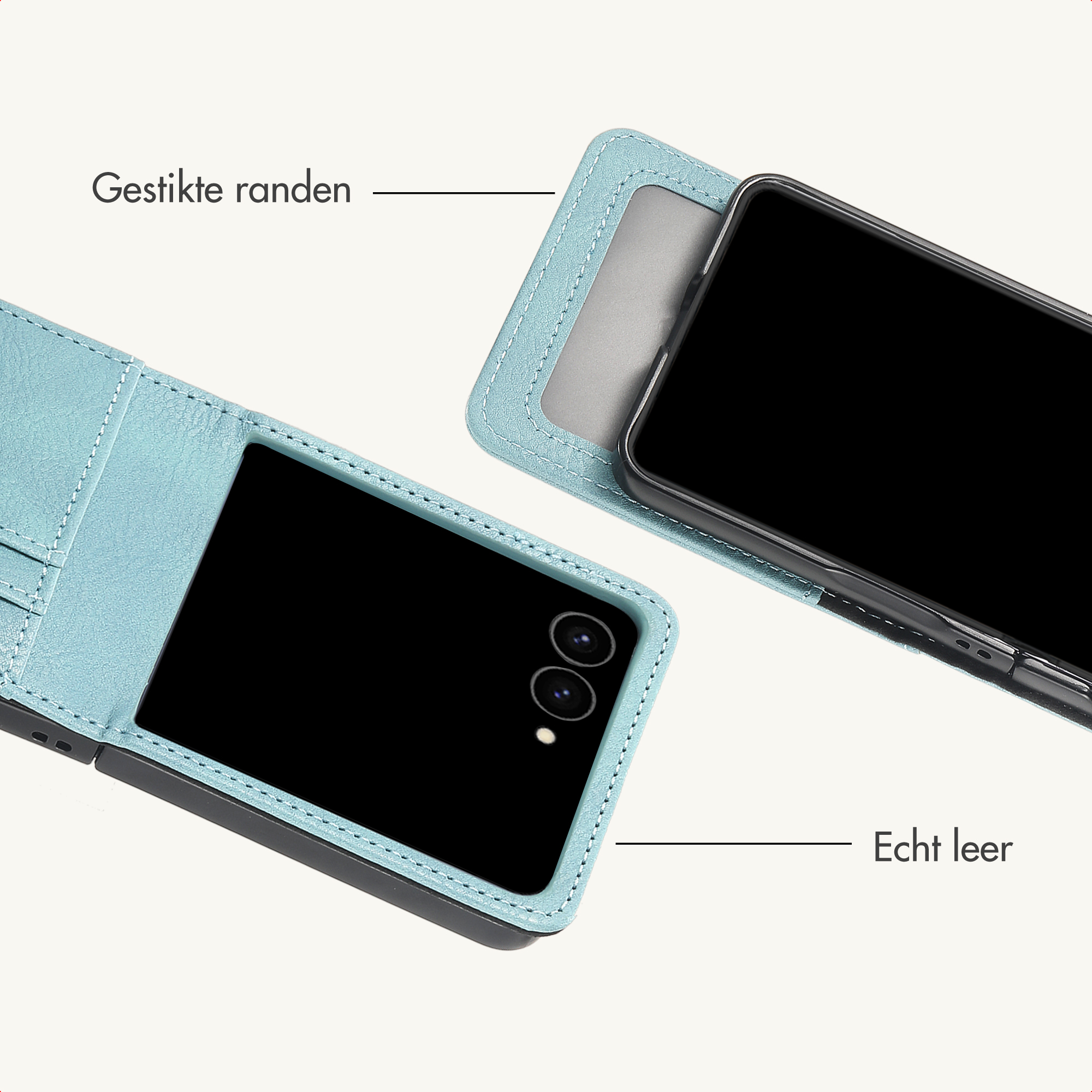 Twee lichtblauwe lederen telefoonhoesjes met gestikte randen en smartphones, tegen een lichte achtergrond.