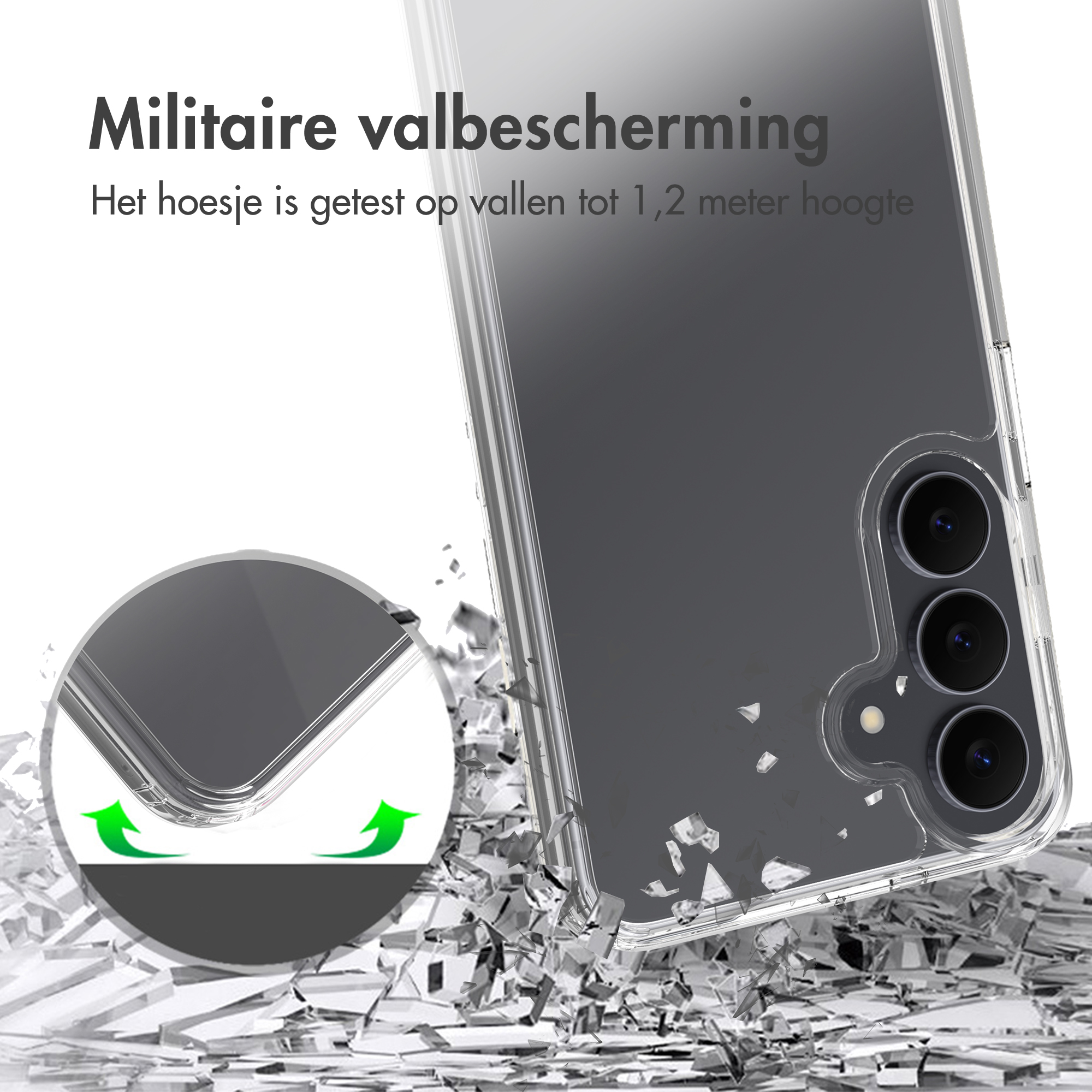 Handyhülle mit Schutz vor Stürzen bis zu 1,2 Metern Höhe, umgeben von Glassplittern.