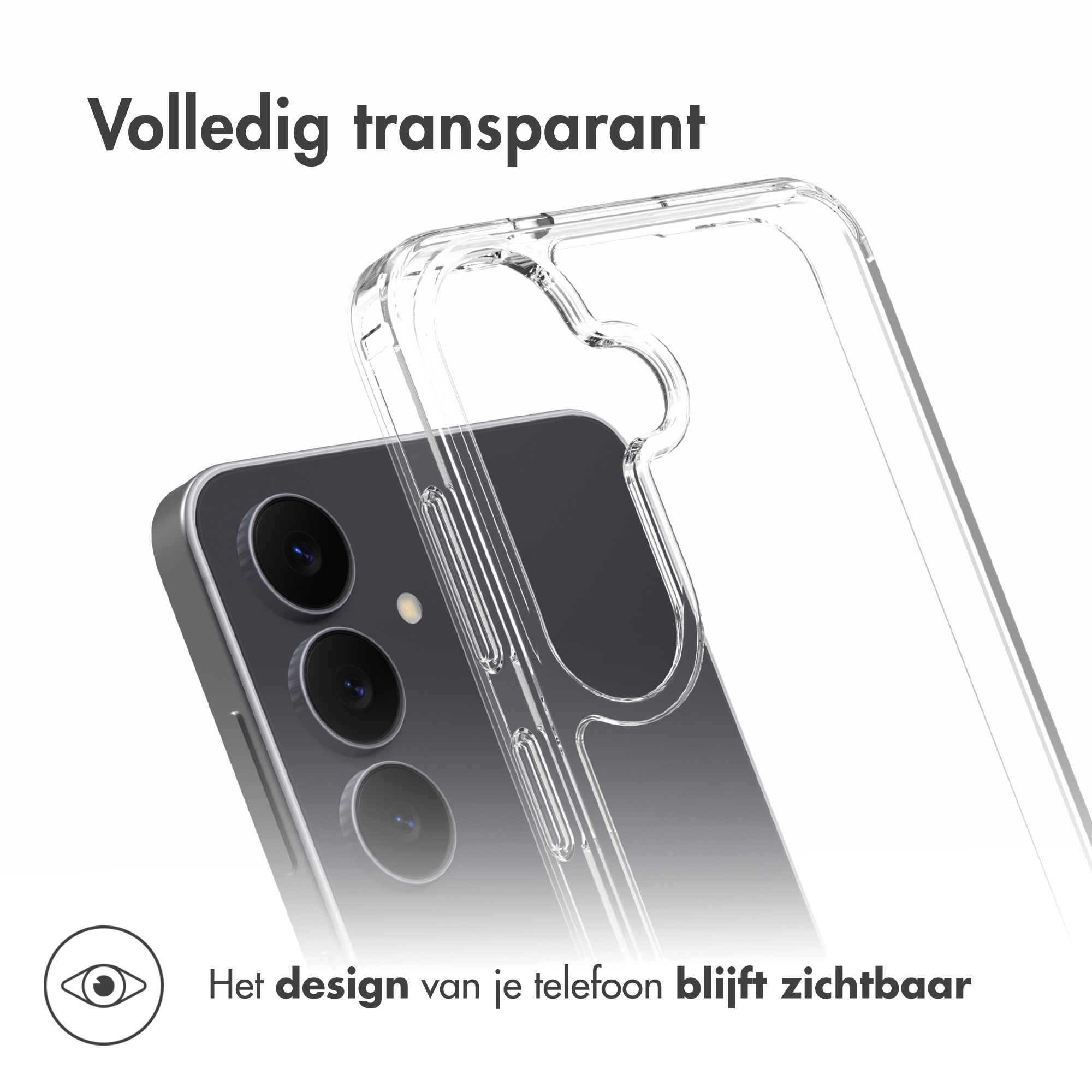 Eine transparente Handyhülle liegt auf einem Smartphone, mit Text oben und unten.