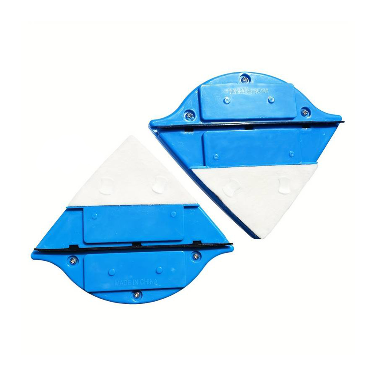 Dos limpiadores de ventanas magnéticos azules con almohadillas blancas sobre fondo blanco.