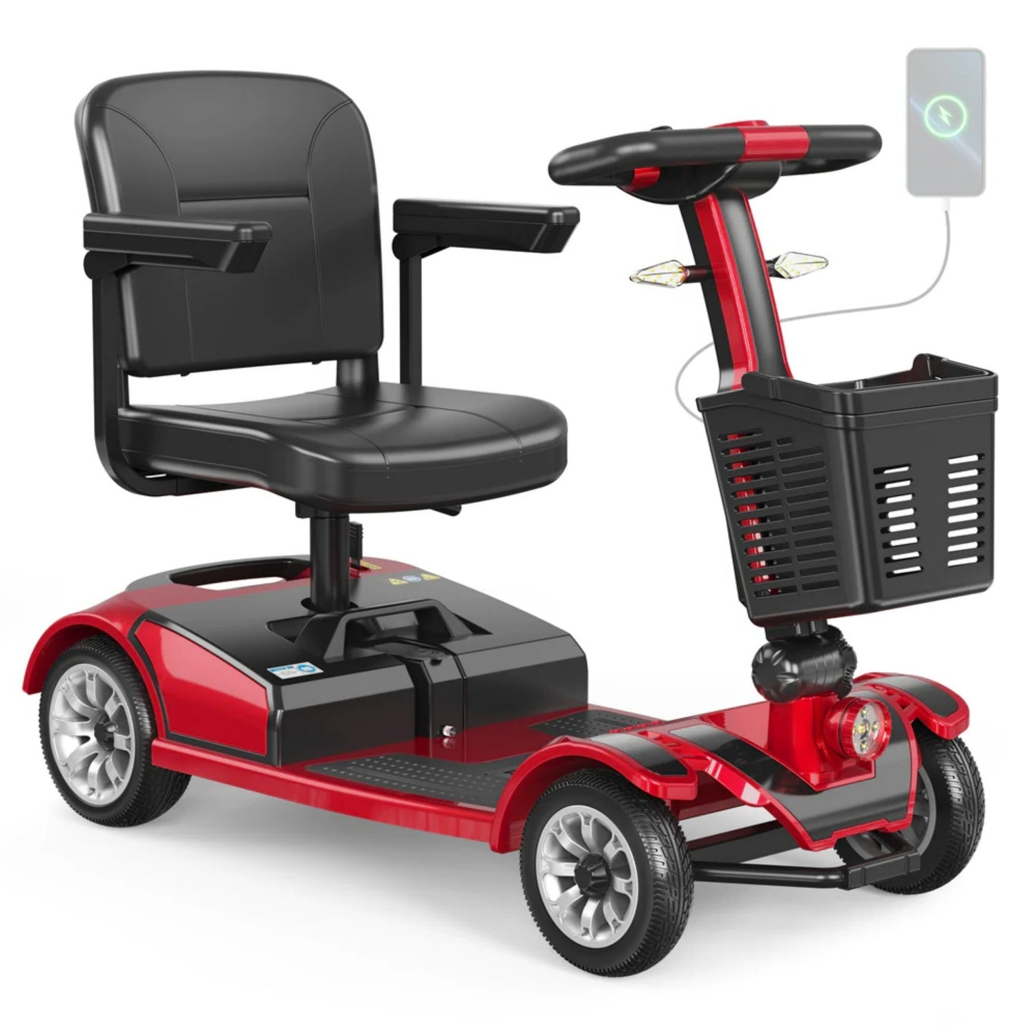 Un scooter de movilidad rojo con asiento negro, cesta delantera y cuatro ruedas sobre fondo blanco.
