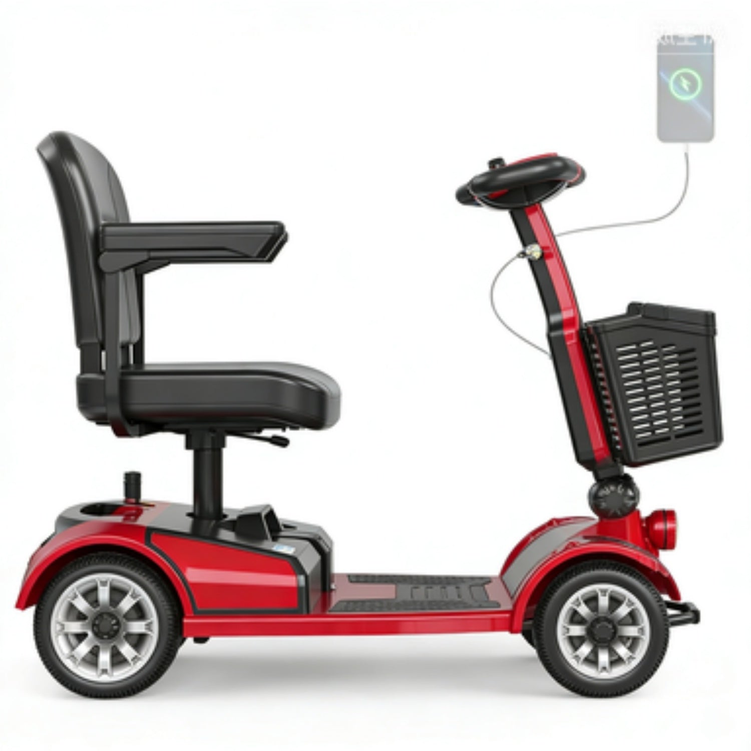 Un scooter eléctrico rojo con asiento negro, cesta delantera y cuatro ruedas sobre fondo blanco.
