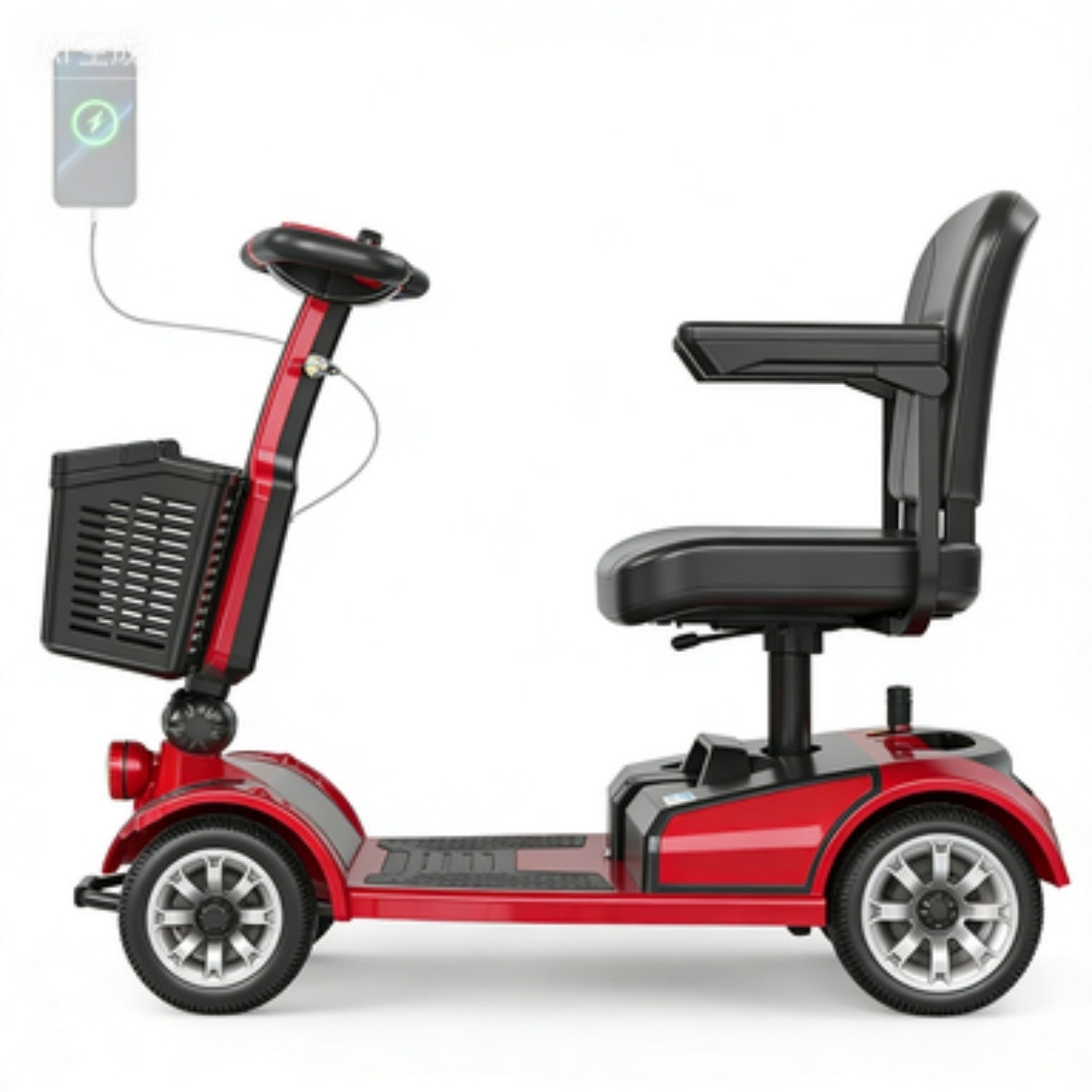 Un scooter de movilidad rojo con asiento negro, cesta delantera y conexión de smartphone.