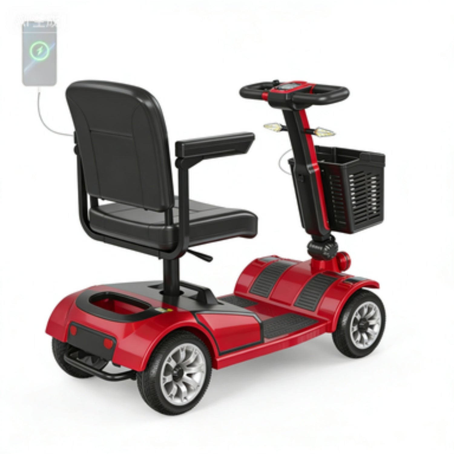 Un scooter de movilidad rojo con asiento negro, manillar y una cesta delantera sobre fondo blanco.