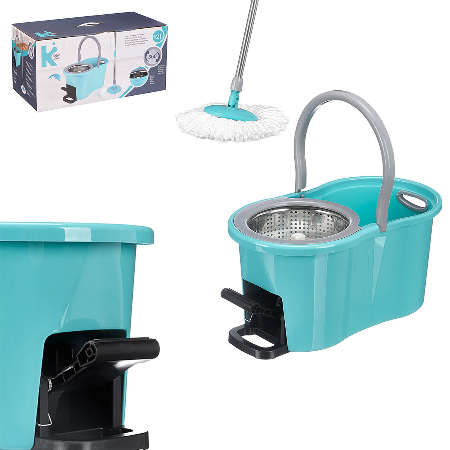 Una fregona turquesa con cubo, pedal y caja de embalaje sobre un fondo blanco.