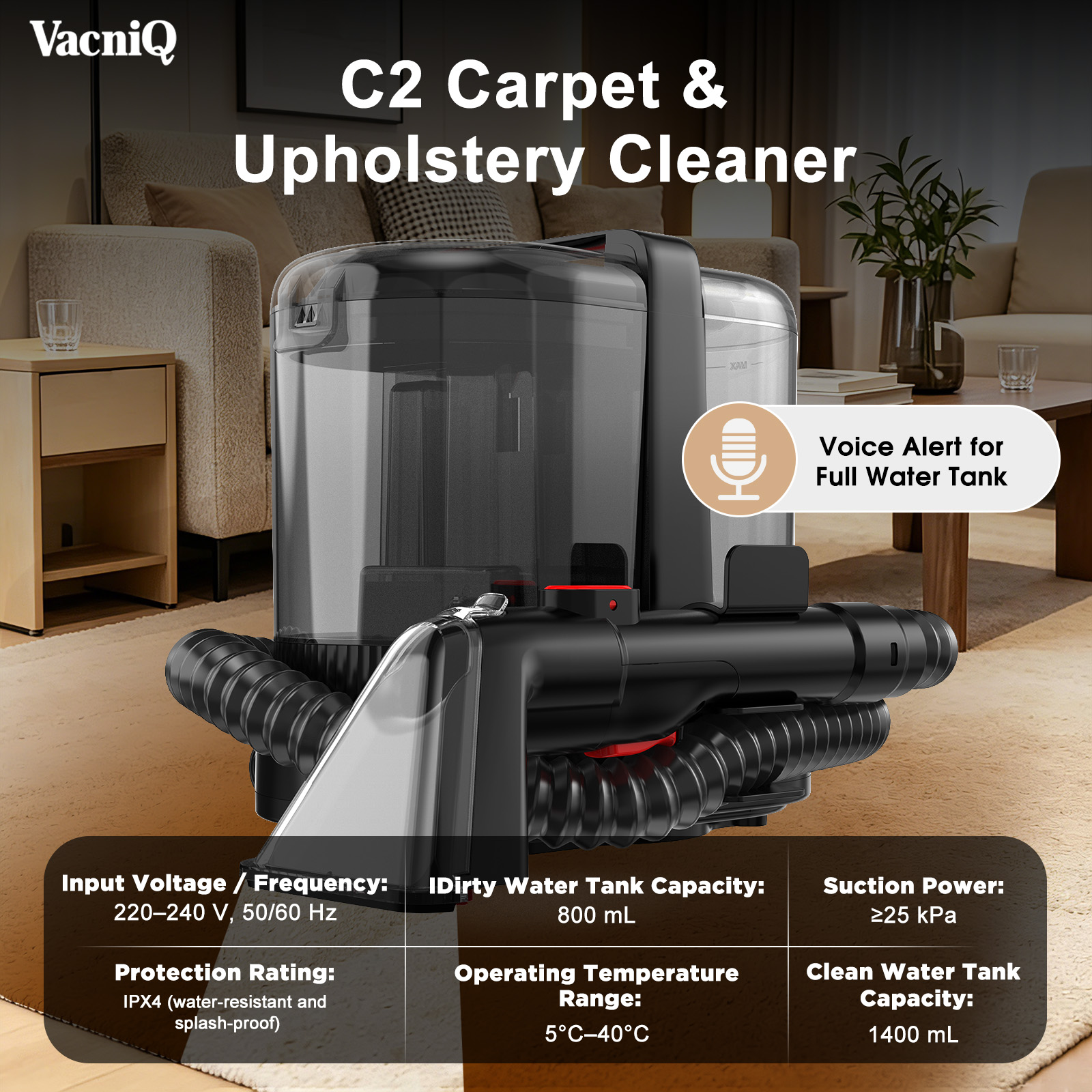 Nettoyeur de tapis VacniQ C2 avec réservoir d'eau dans un salon.