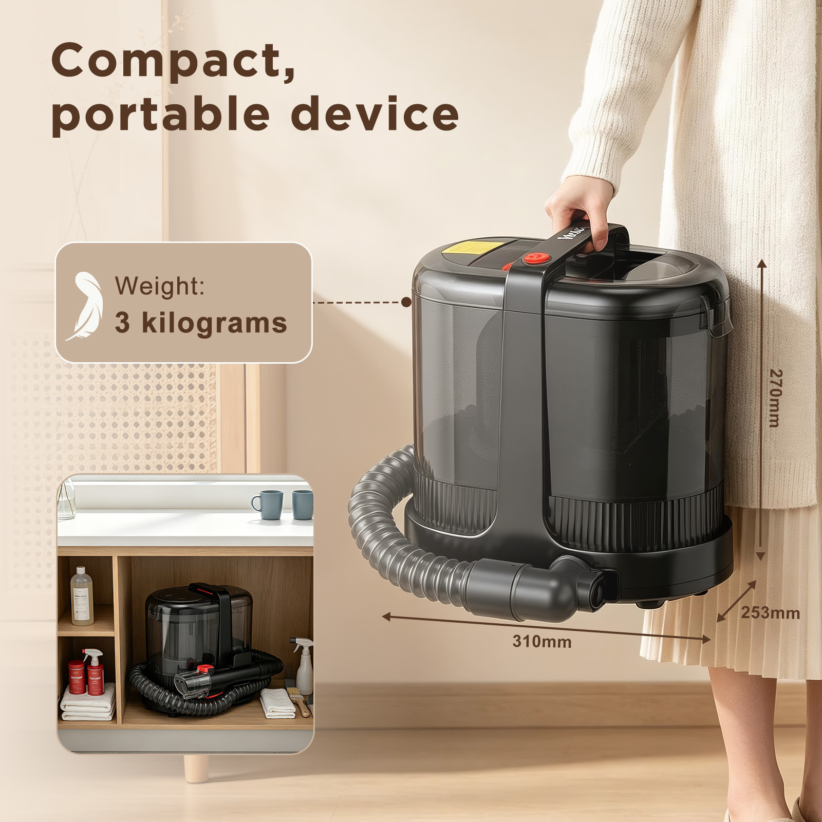 Aspirateur noir compact et portable de 3 kg, avec dimensions, montrée rangé dans une étagère.