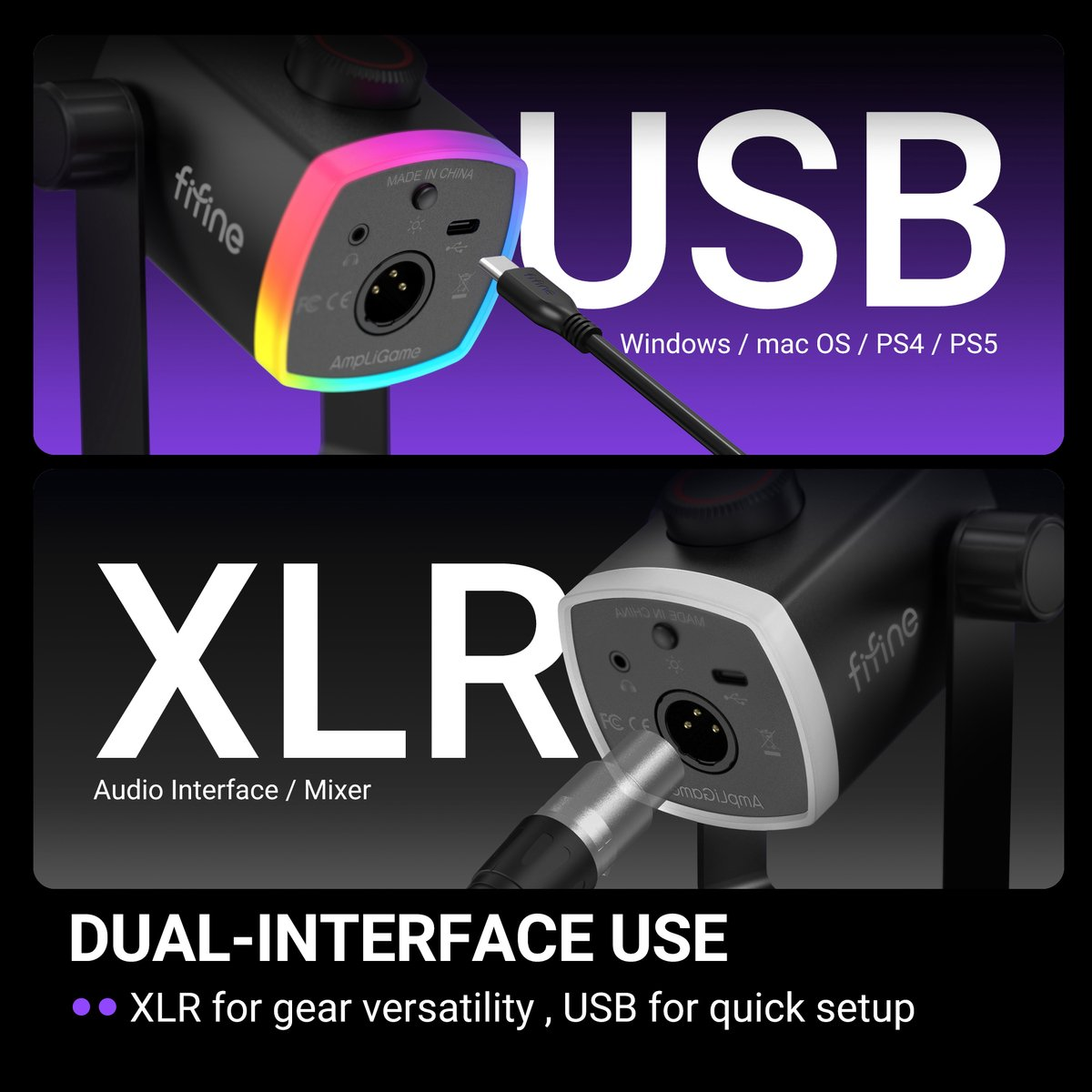 L'image montre un microphone Fifine avec des connexions USB et XLR pour divers appareils.