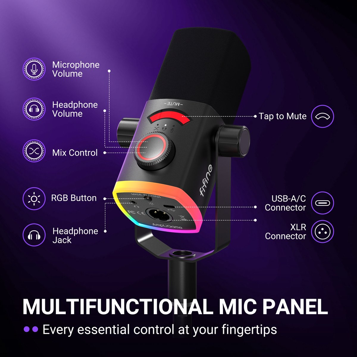 Un microphone USB noir avec éclairage RVB et boutons de commande étiquetés sur fond violet.