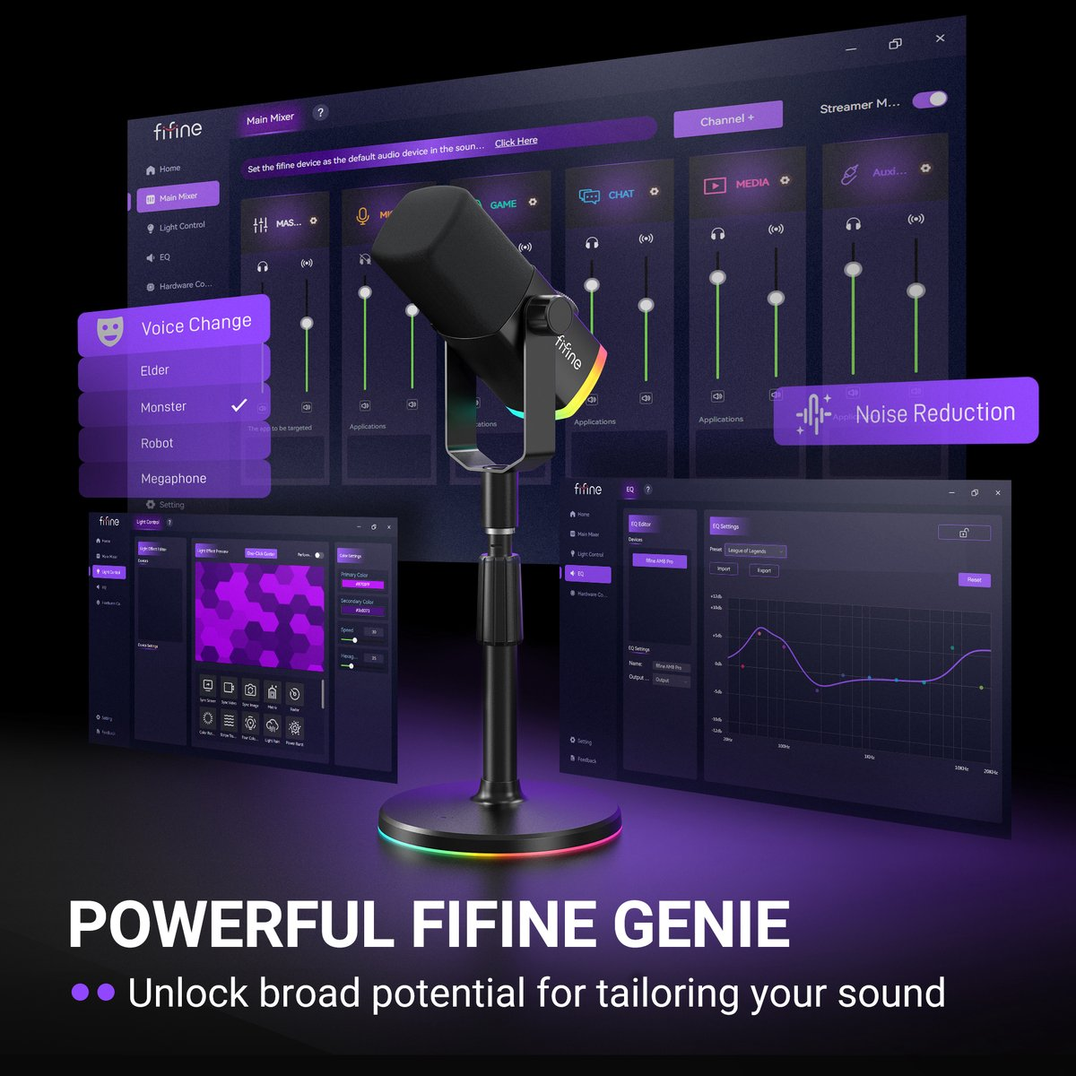 Un microphone Fifine noir sur pied devant une interface logicielle violette avec des commandes audio.