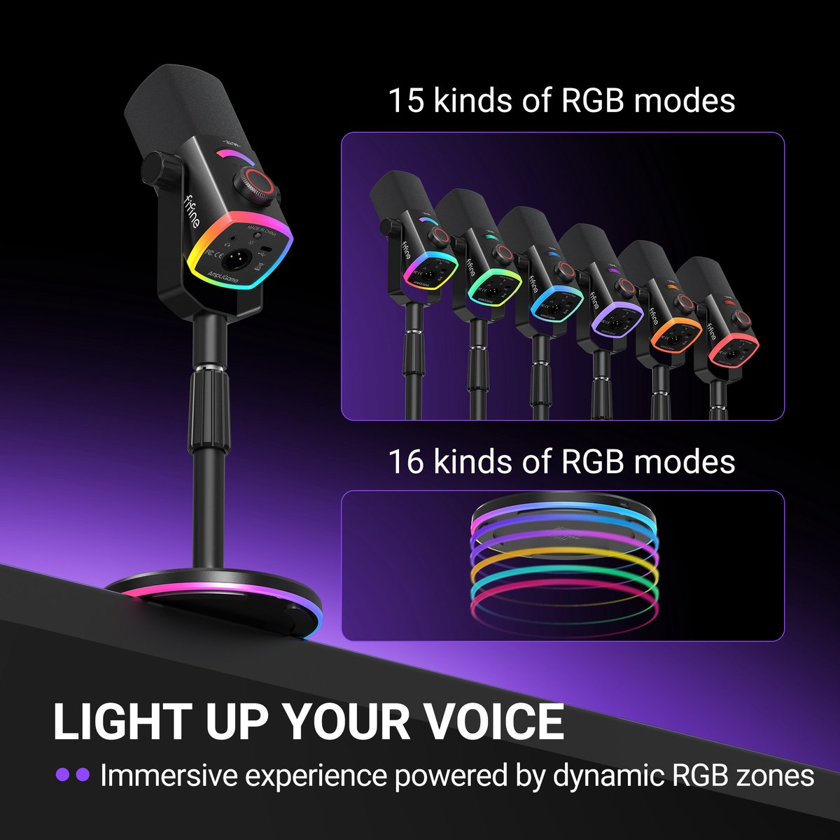 Un microphone noir avec éclairage RVB et support, avec du texte sur les modes d'éclairage.