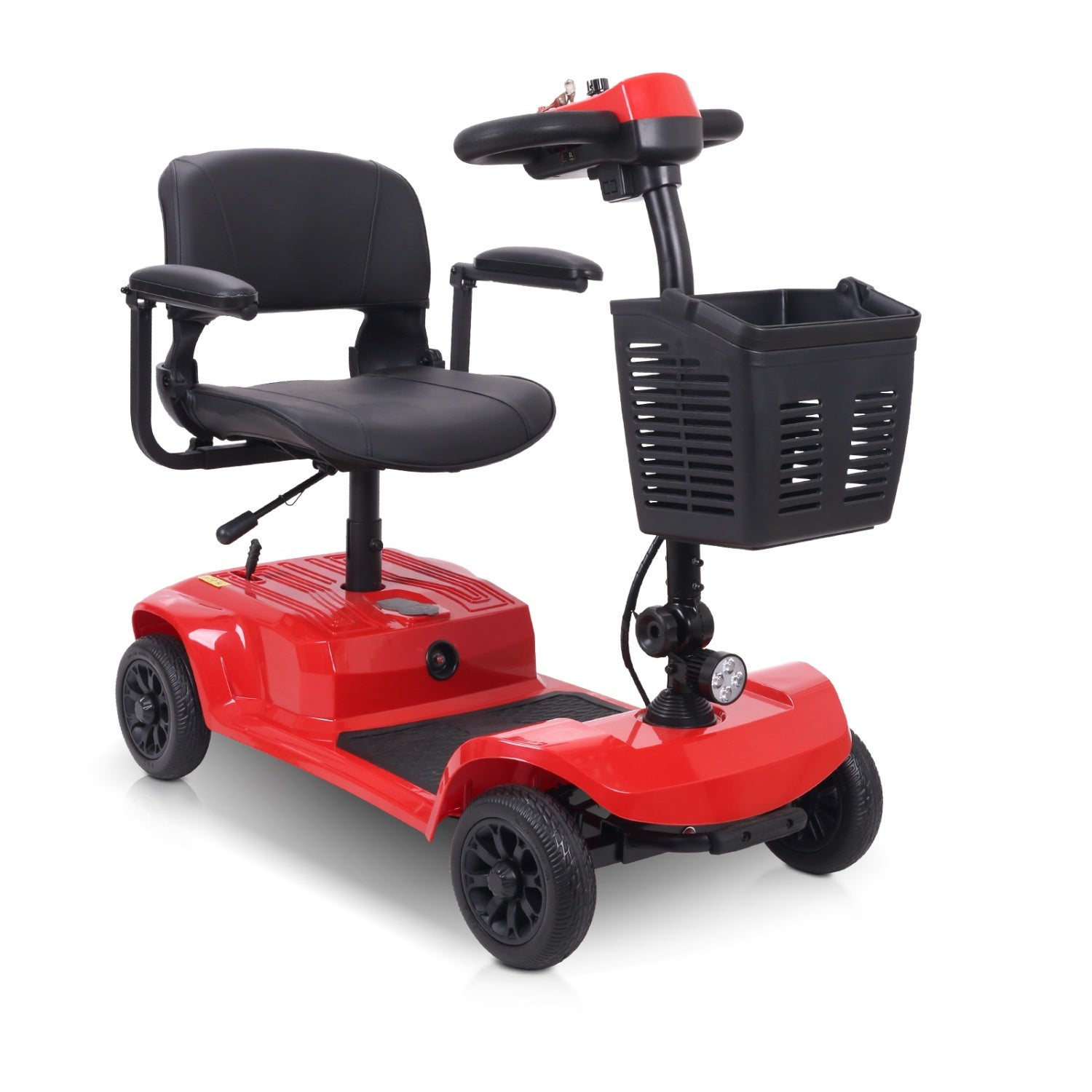 Un scooter de movilidad rojo con asiento negro y cesta delantera sobre fondo blanco.