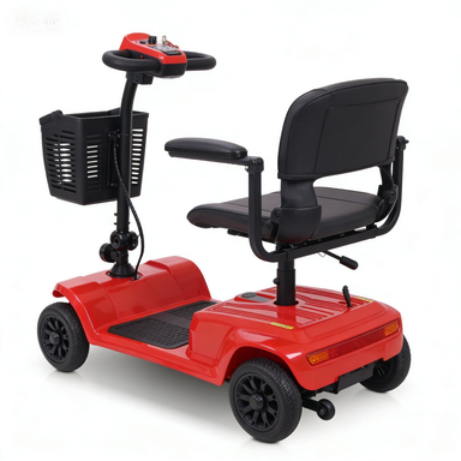 Un scooter de movilidad rojo con asiento negro y cesta delantera.