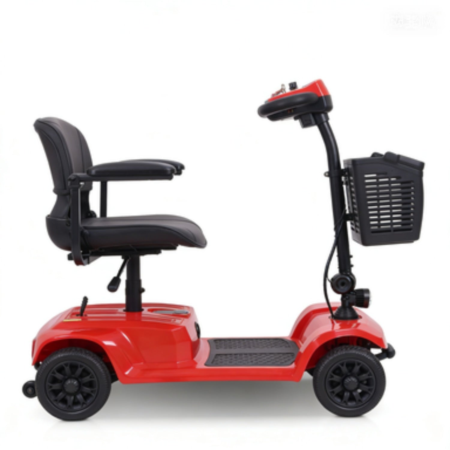 Un scooter de movilidad rojo con asiento negro, manillar y una cesta delantera sobre fondo blanco.