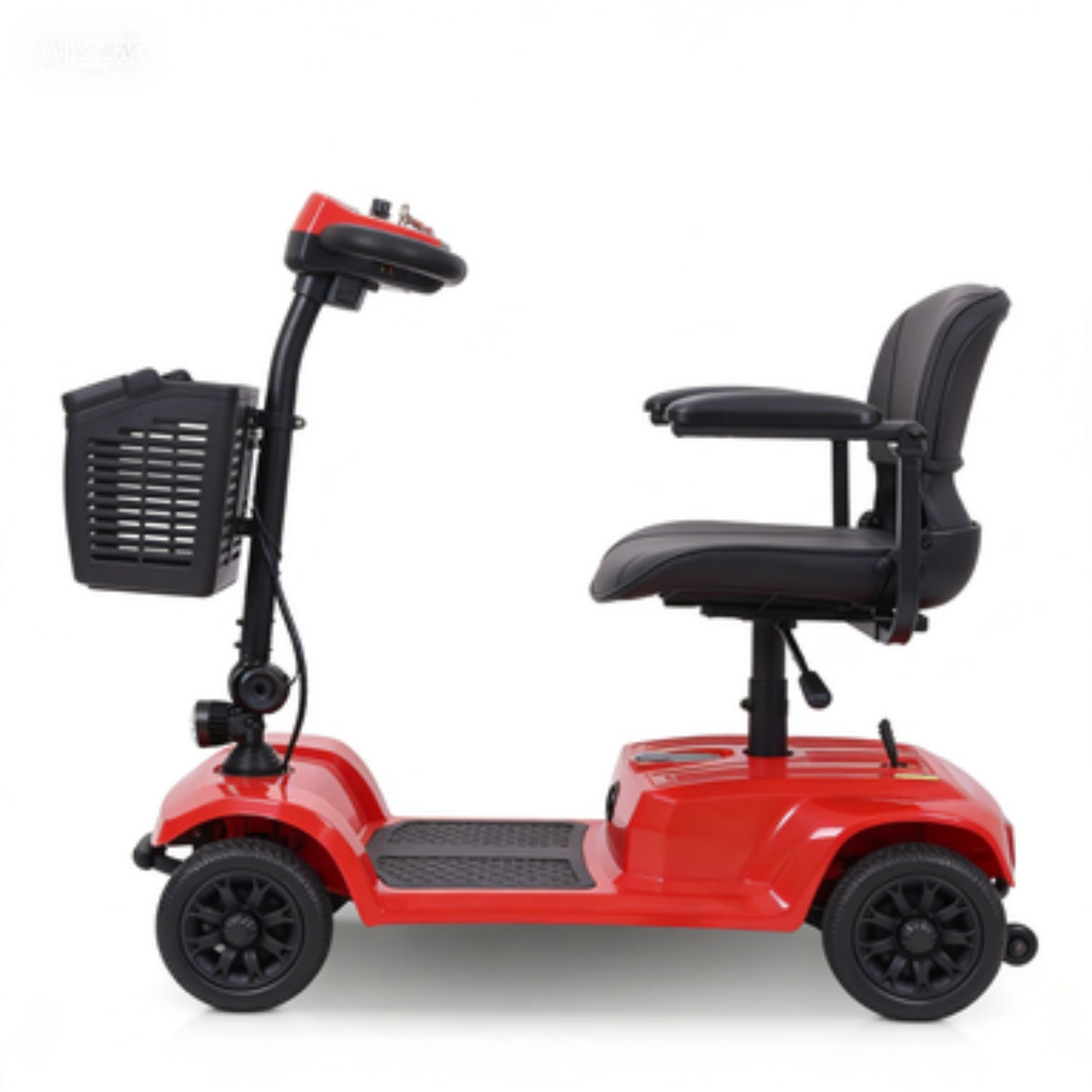 Un scooter de movilidad rojo con asiento negro y cesta delantera sobre fondo blanco.