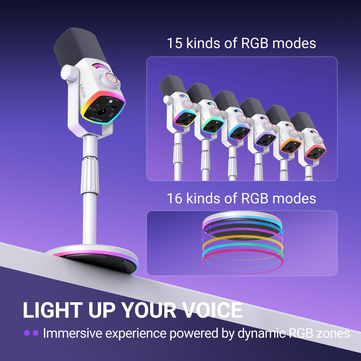 Un microphone blanc avec éclairage RGB sur pied, affichant des exemples de modes RGB.