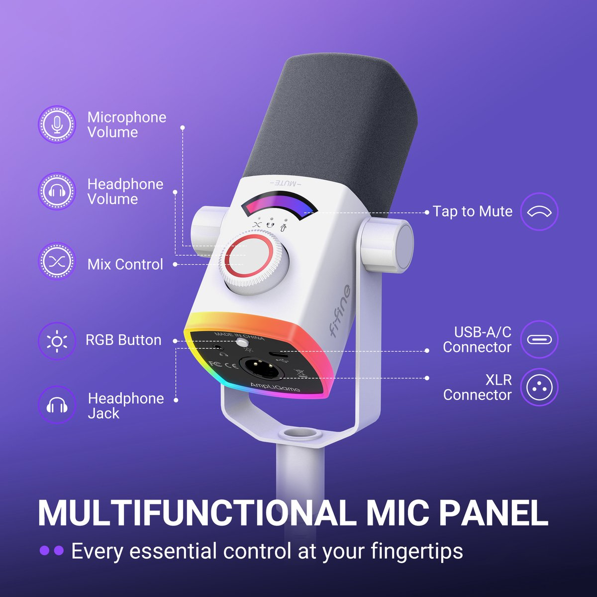 Un microphone blanc Fifine avec des commandes sur un fond violet.